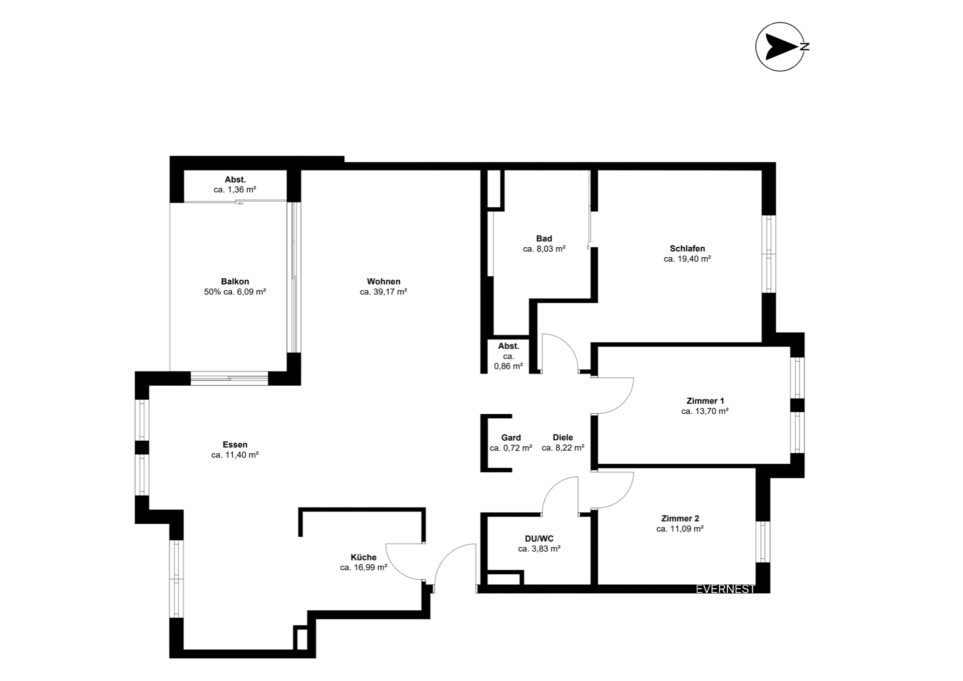 Grundriss einer Wohnung mit Balkon, Wohnzimmer, Schlafzimmer, zwei weiteren Zimmern, Küche und Bädern.