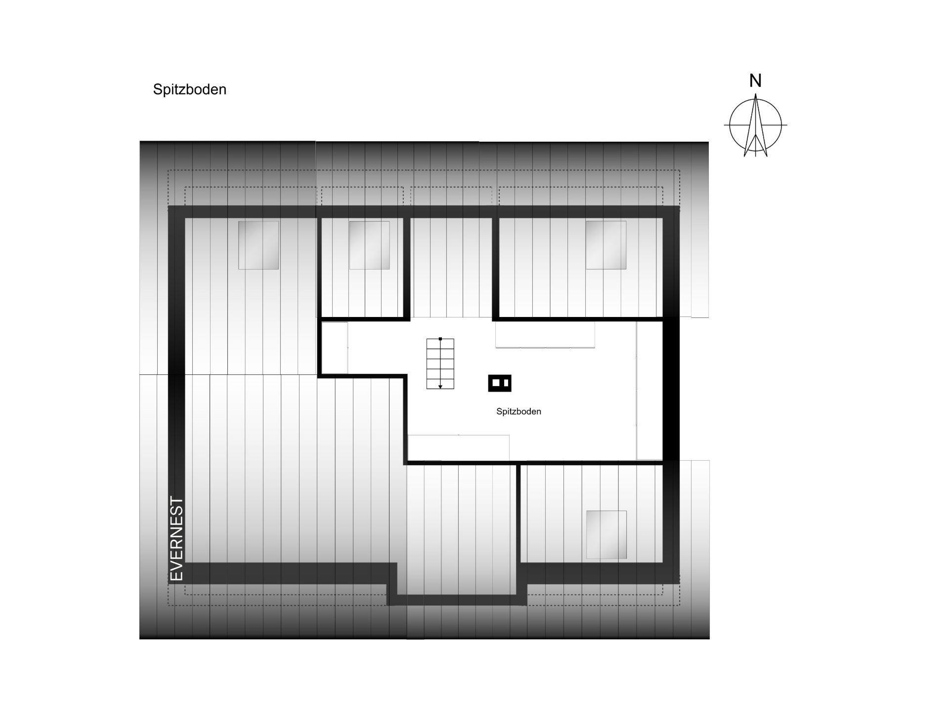 Grundriss eines Spitzbodens mit mehreren abgetrennten Räumen und Treppe in der Mitte.