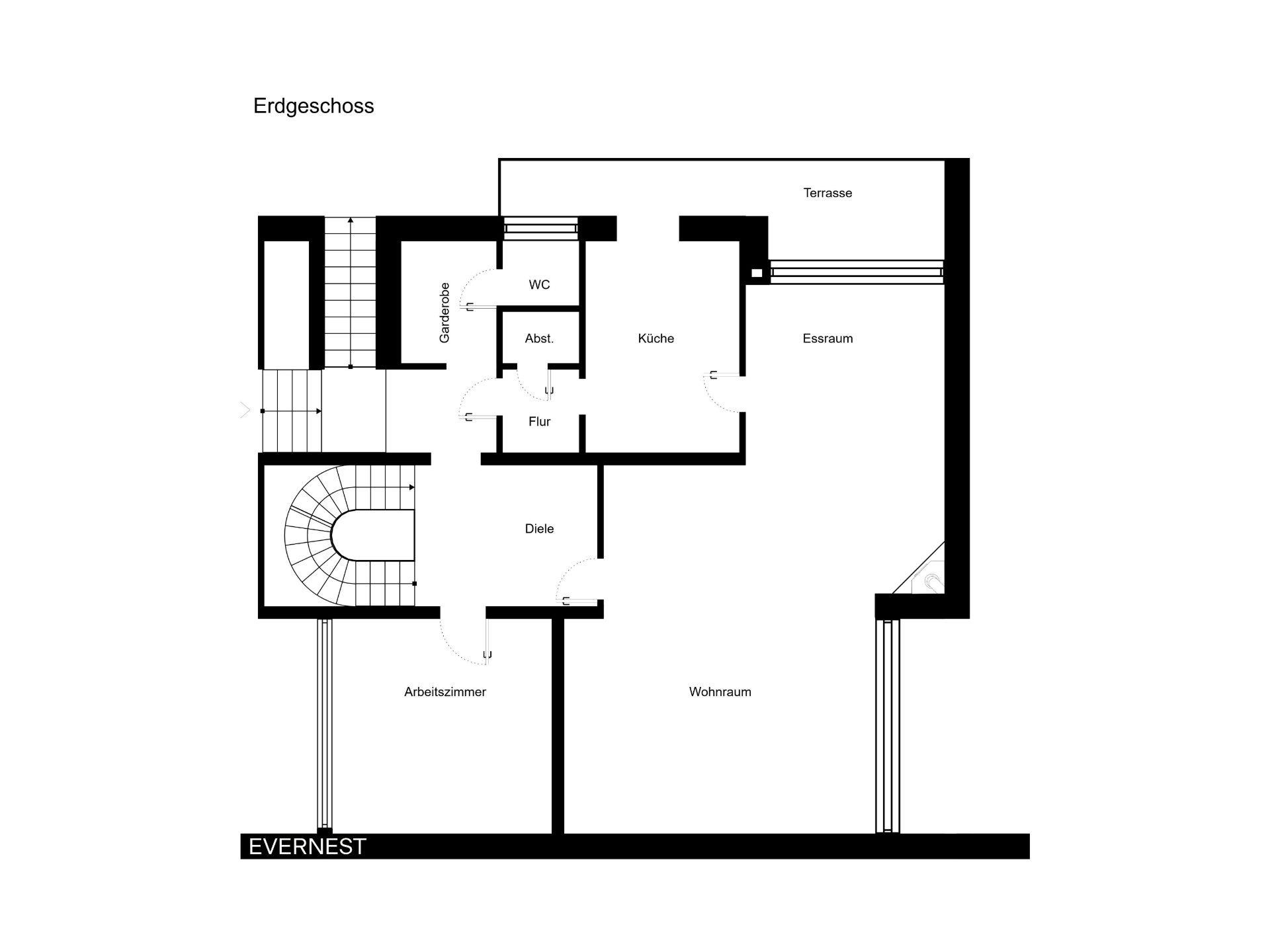 Grundriss des Erdgeschosses mit Wohnzimmer, Arbeitszimmer, Küche, WC und Terrasse.