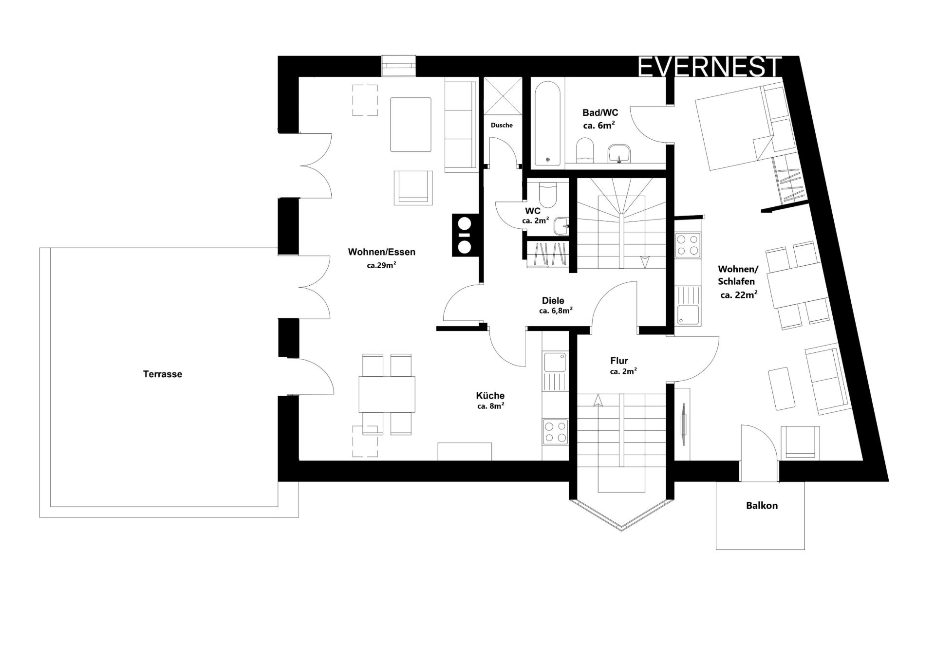 Grundriss einer Wohnung mit Terrasse, Balkon, Wohnbereich, Küche, Bad und zwei Zimmern.