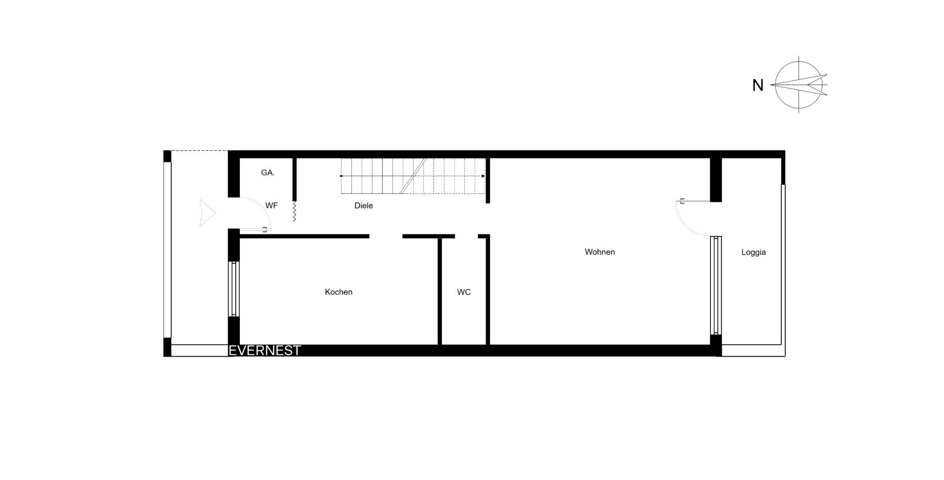Grundriss mit Küche, WC, Diele, Wohnraum und Loggia, Räume klar beschriftet.