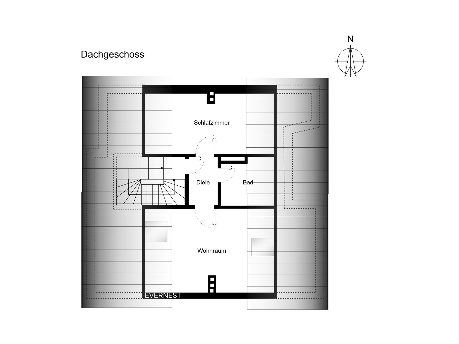 Grundriss vom Dachgeschoss mit Schlafzimmer, Bad, Diele und Wohnraum.
