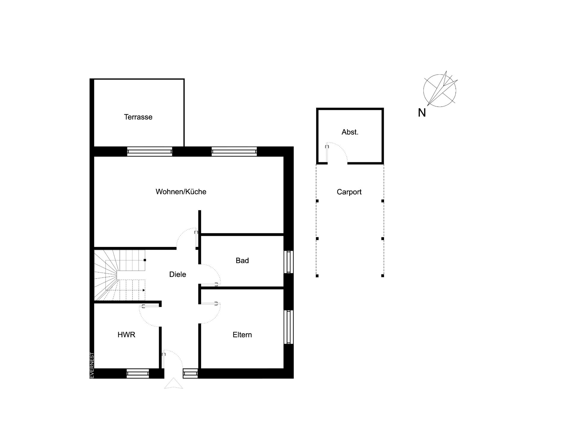Grundriss eines Hauses mit Terrasse, Wohnküche, Bad, Elternzimmer, HWR, Diele und Carport.