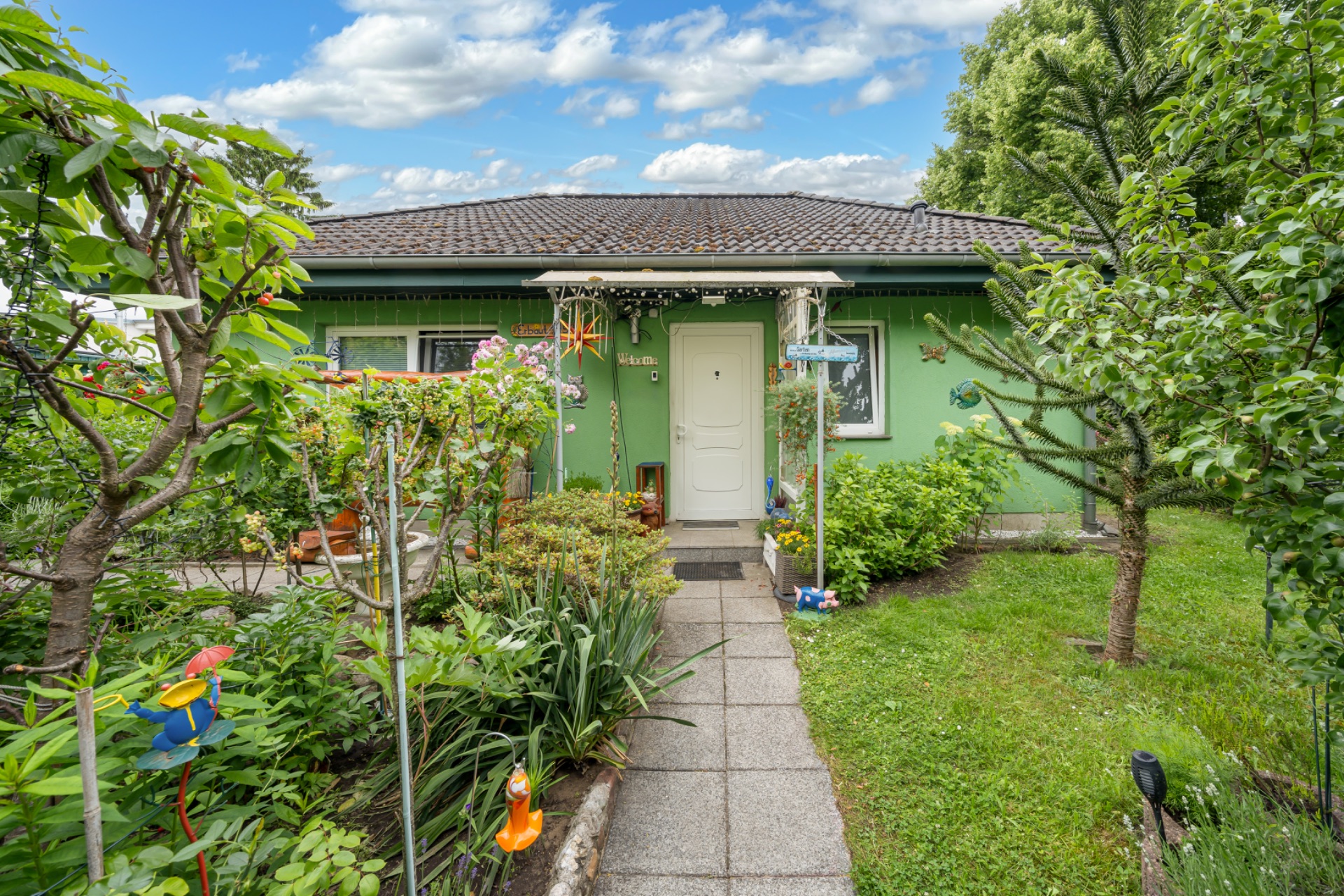 Kleines grünes Einfamilienhaus mit Vorgarten und Pflanzen, Weg führt zur weißen Haustür.