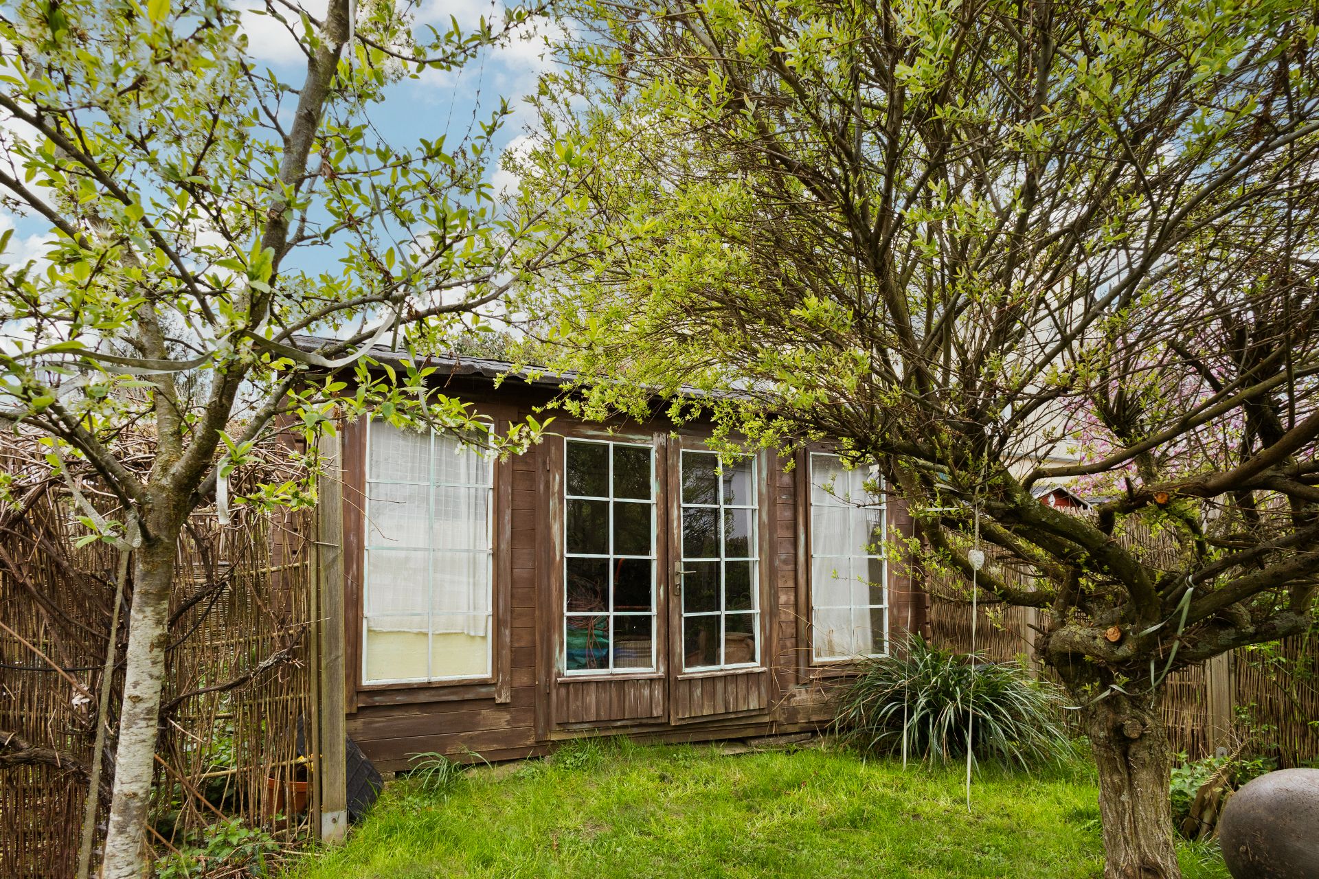 Kleines Holzhaus mit großen Fenstern im Garten, umgeben von Bäumen und grünem Gras.