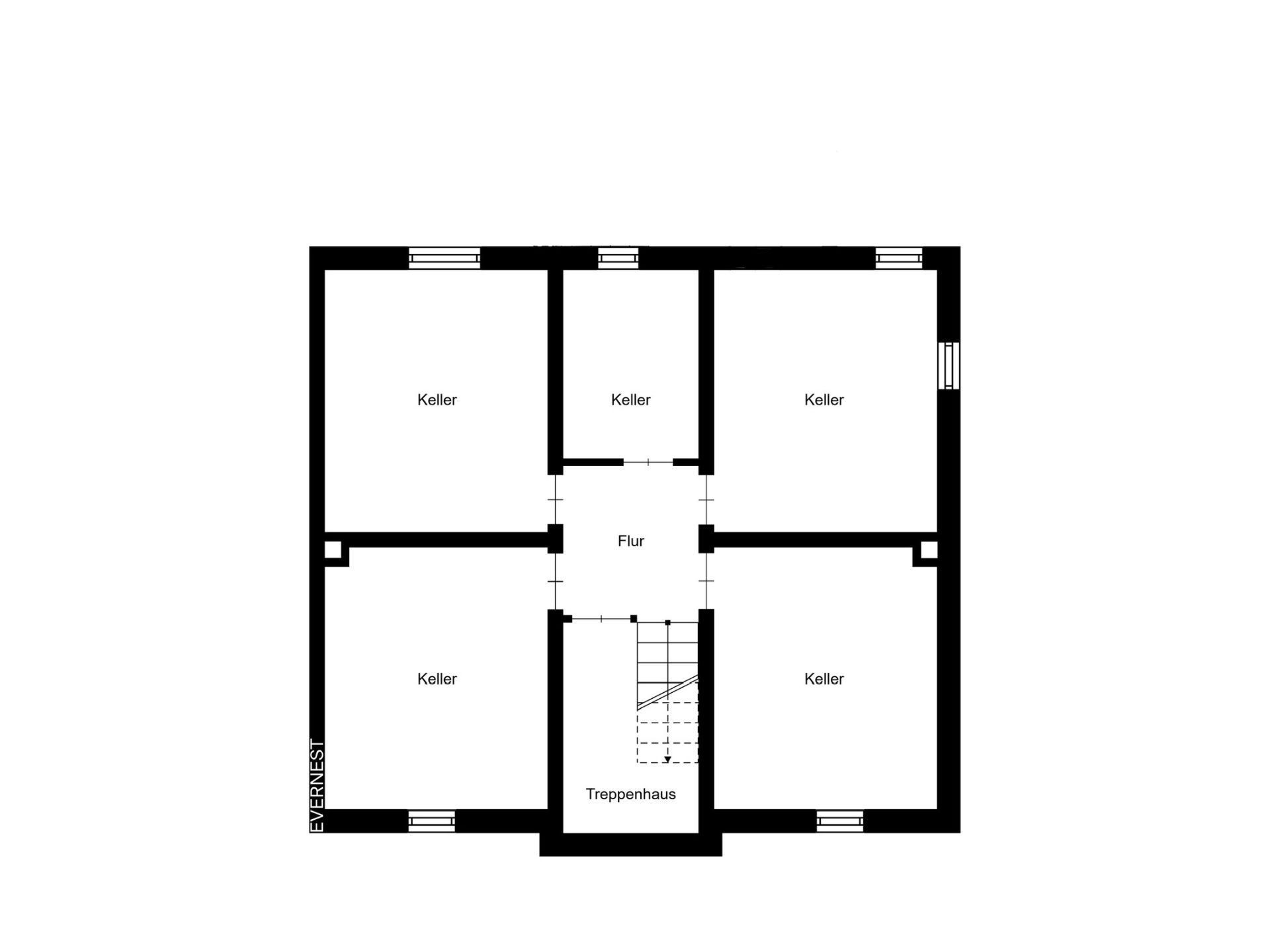 Grundriss eines Kellers mit fünf Kellerräumen, Flur und Treppenhaus.