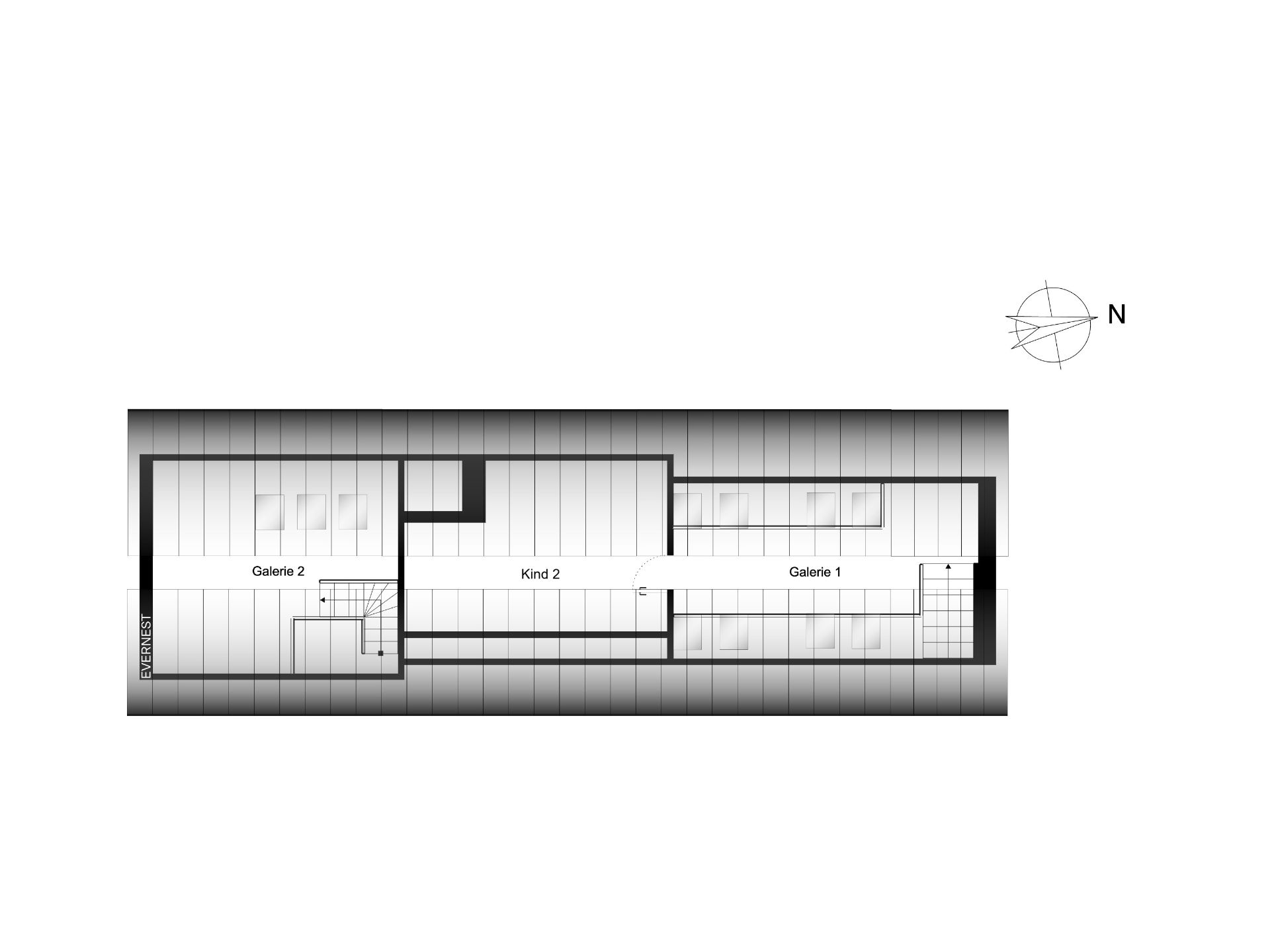 Grundriss zeigt zwei Galerien, ein Kinderzimmer und Treppenaufgänge in einem Wohnhaus.