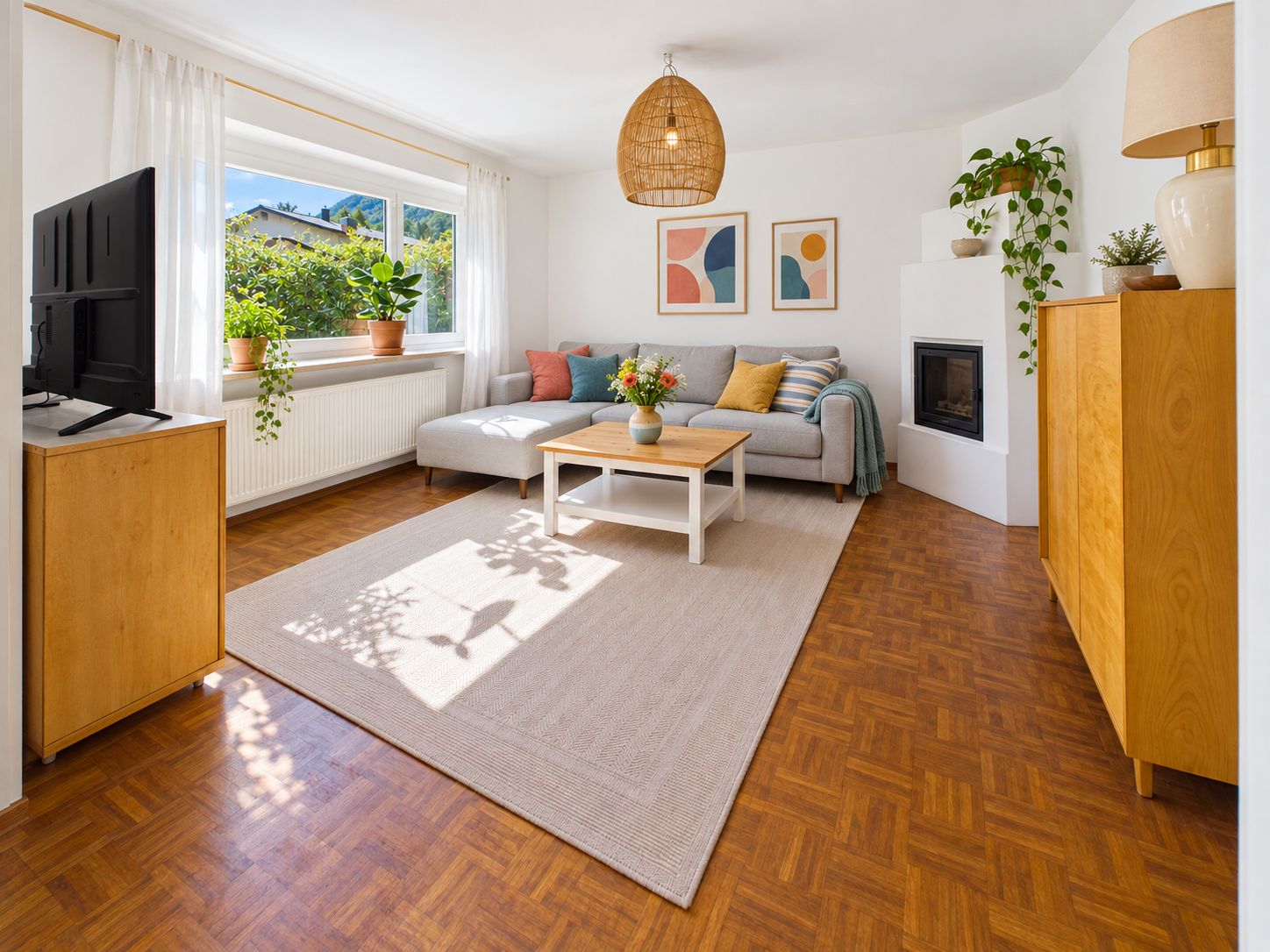 Helles Wohnzimmer mit Ecksofa, Couchtisch, Fernseher, Pflanzen und Holzmöbeln.