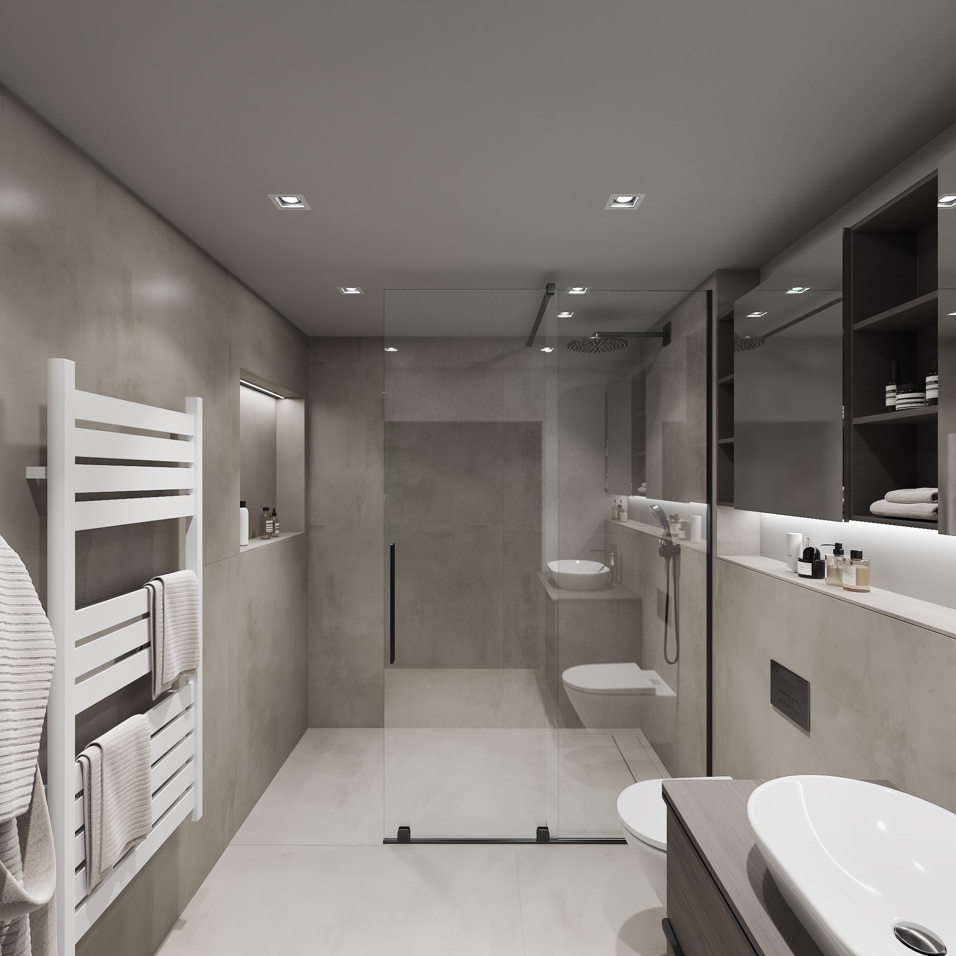 Modernes Badezimmer mit Dusche, Waschbecken, WC, Handtuchhalter und offenen Regalen.