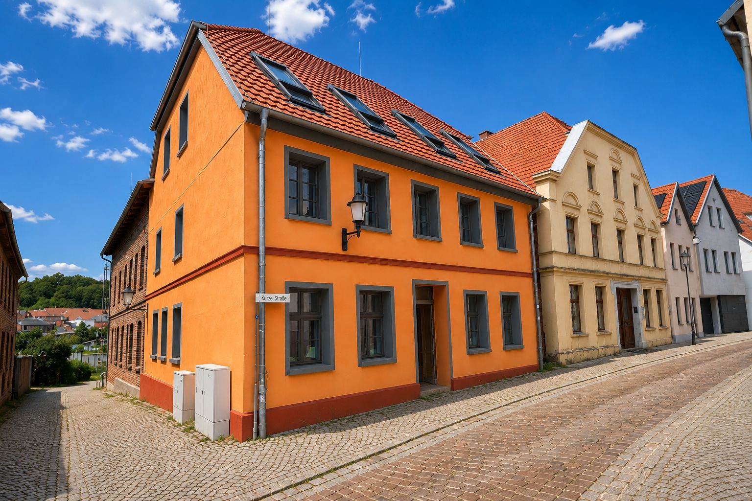 Ein orangefarbenes Wohnhaus mit roten Dachziegeln an einer gepflasterten Straße.
