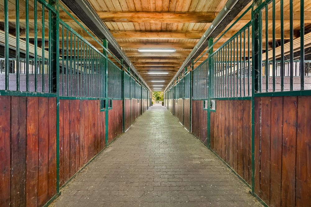 Langer Flur zwischen Holzboxen in einem Stallgebäude mit Holzdach und Beleuchtung.