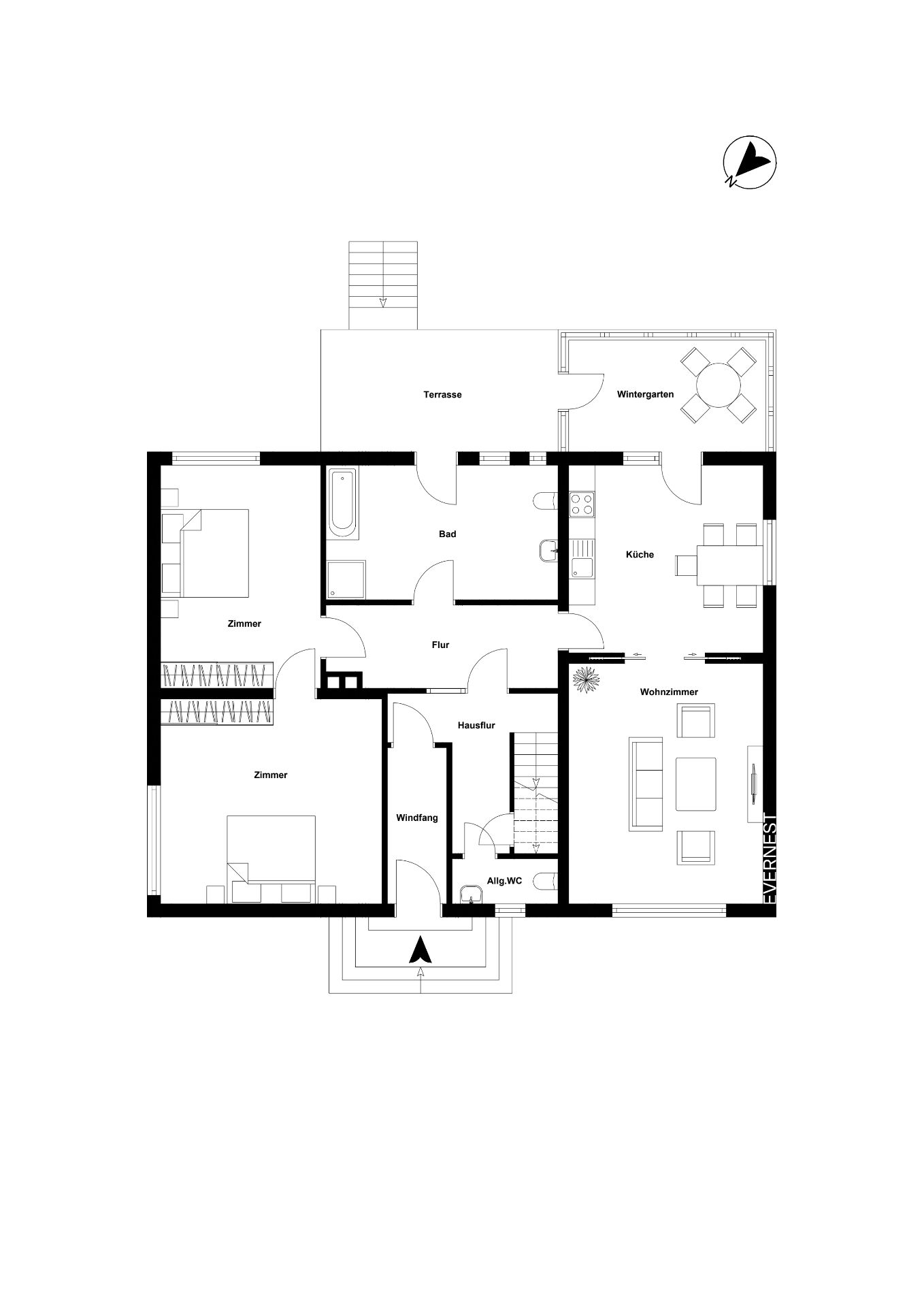 Grundriss eines Wohnhauses mit Terrasse, Wintergarten, Küche, Wohnzimmer, Bad und zwei Zimmern.