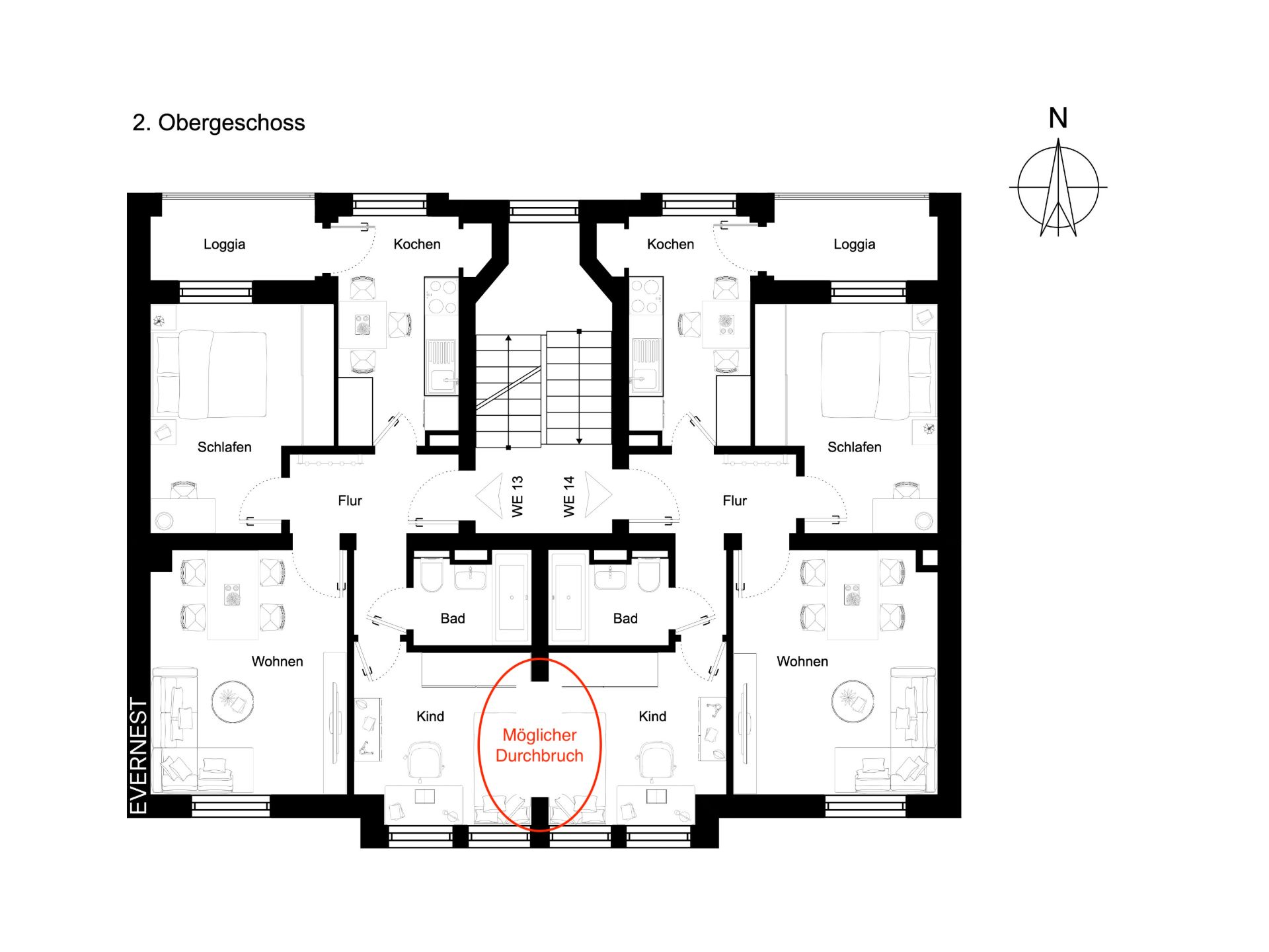 Grundriss eines Wohnhauses mit mehreren Zimmern und möglichem Durchbruch markiert.