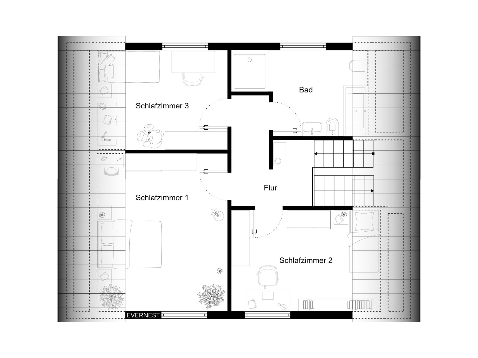 Grundriss mit drei Schlafzimmern, einem Bad und einem Flur, Treppe auf der rechten Seite.