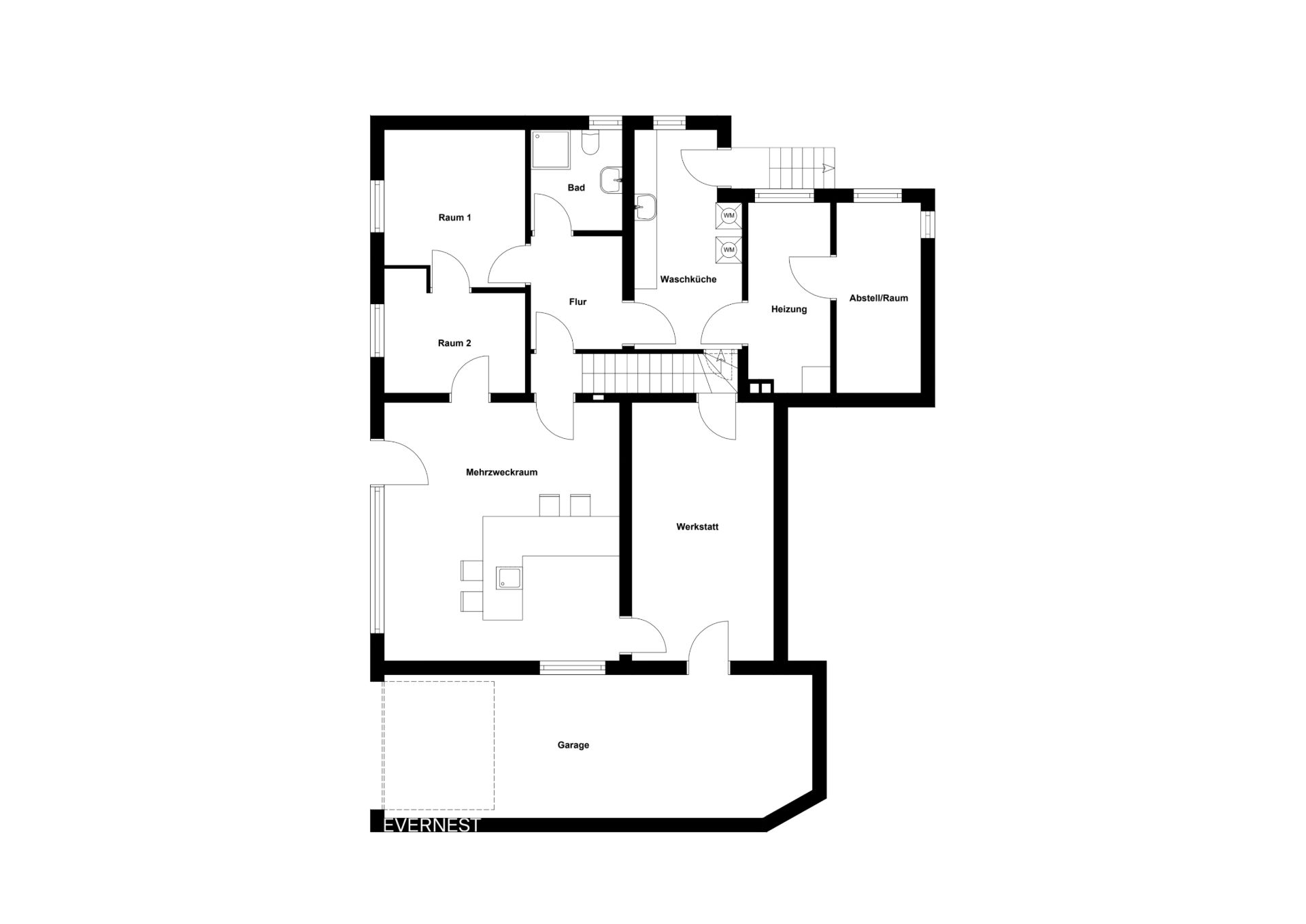 Grundriss mit zwei Zimmern, Bad, Wohnraum, Werkstatt, Garage, Waschküche und Abstellraum.