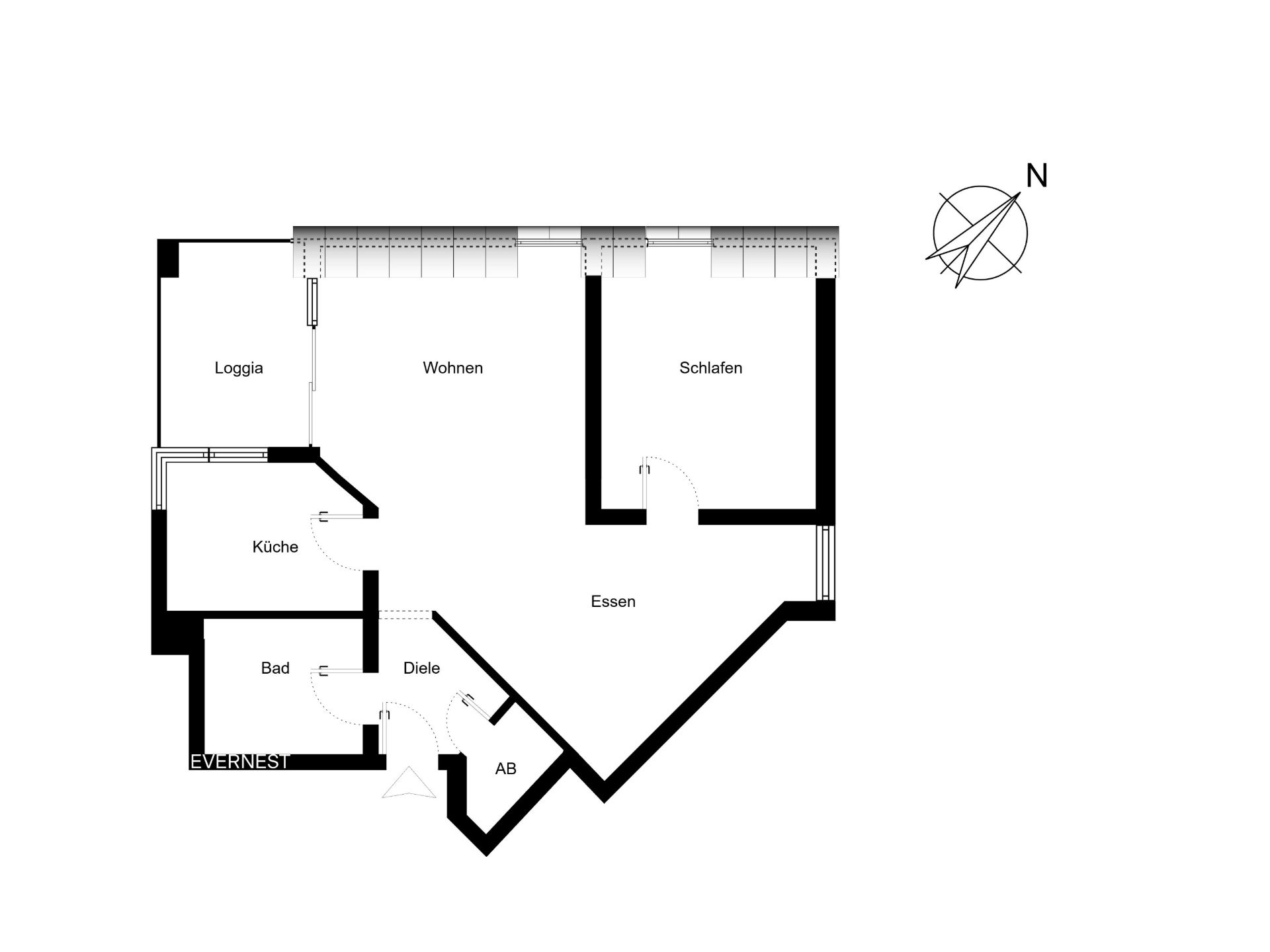 Grundriss mit Zimmern: Wohnen, Schlafen, Essen, Küche, Bad, Diele, Abstellraum und Loggia.
