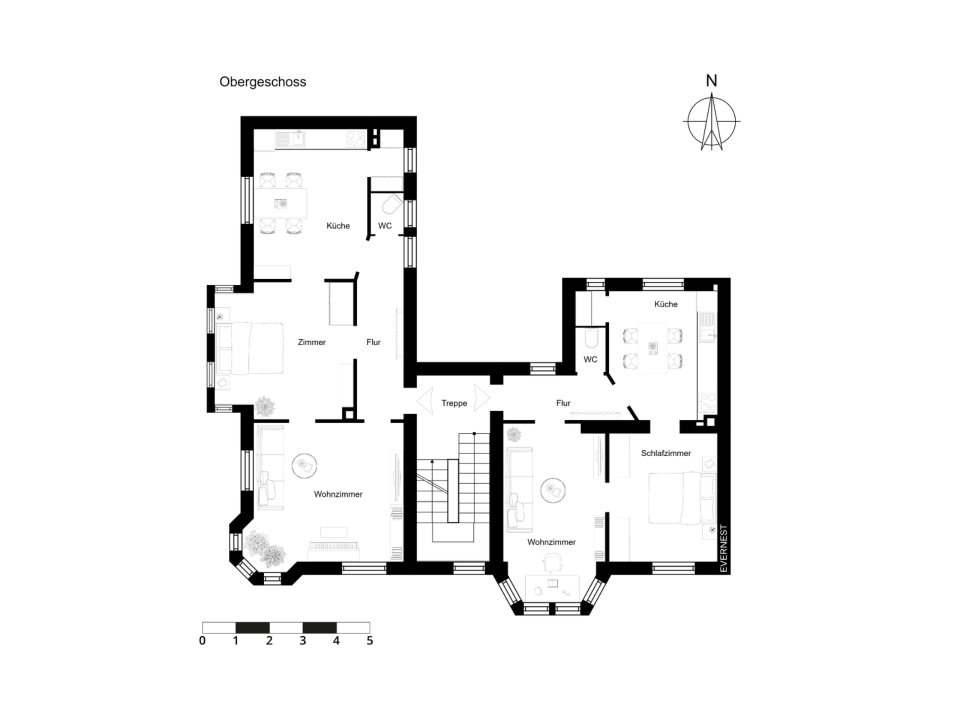 Grundriss eines Obergeschosses mit zwei Küchen, zwei Wohnzimmern, Schlafzimmer und WC.
