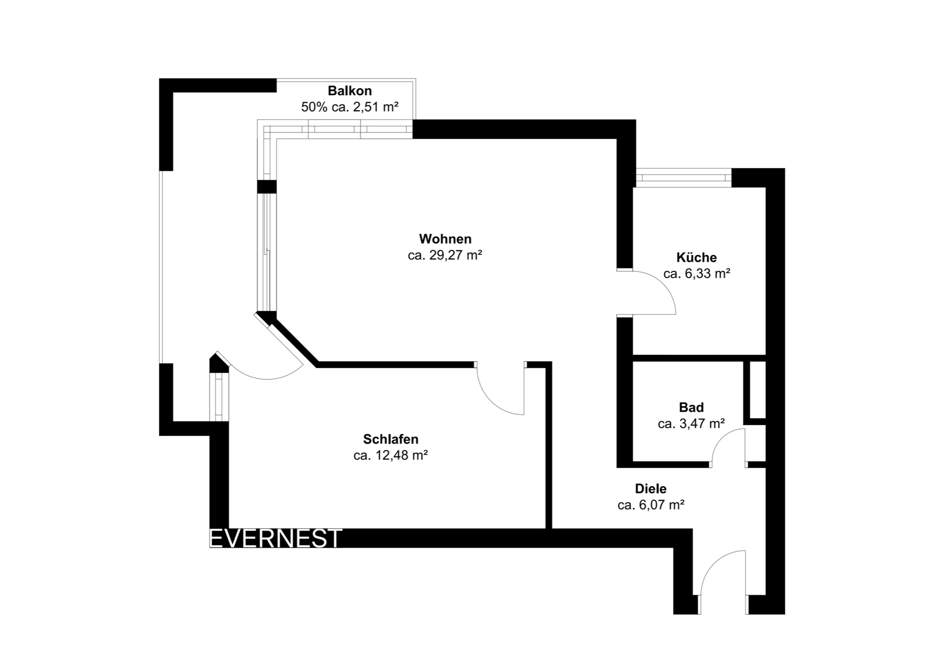 Grundriss einer Wohnung mit Wohnzimmer, Schlafzimmer, Küche, Bad, Diele und Balkon.