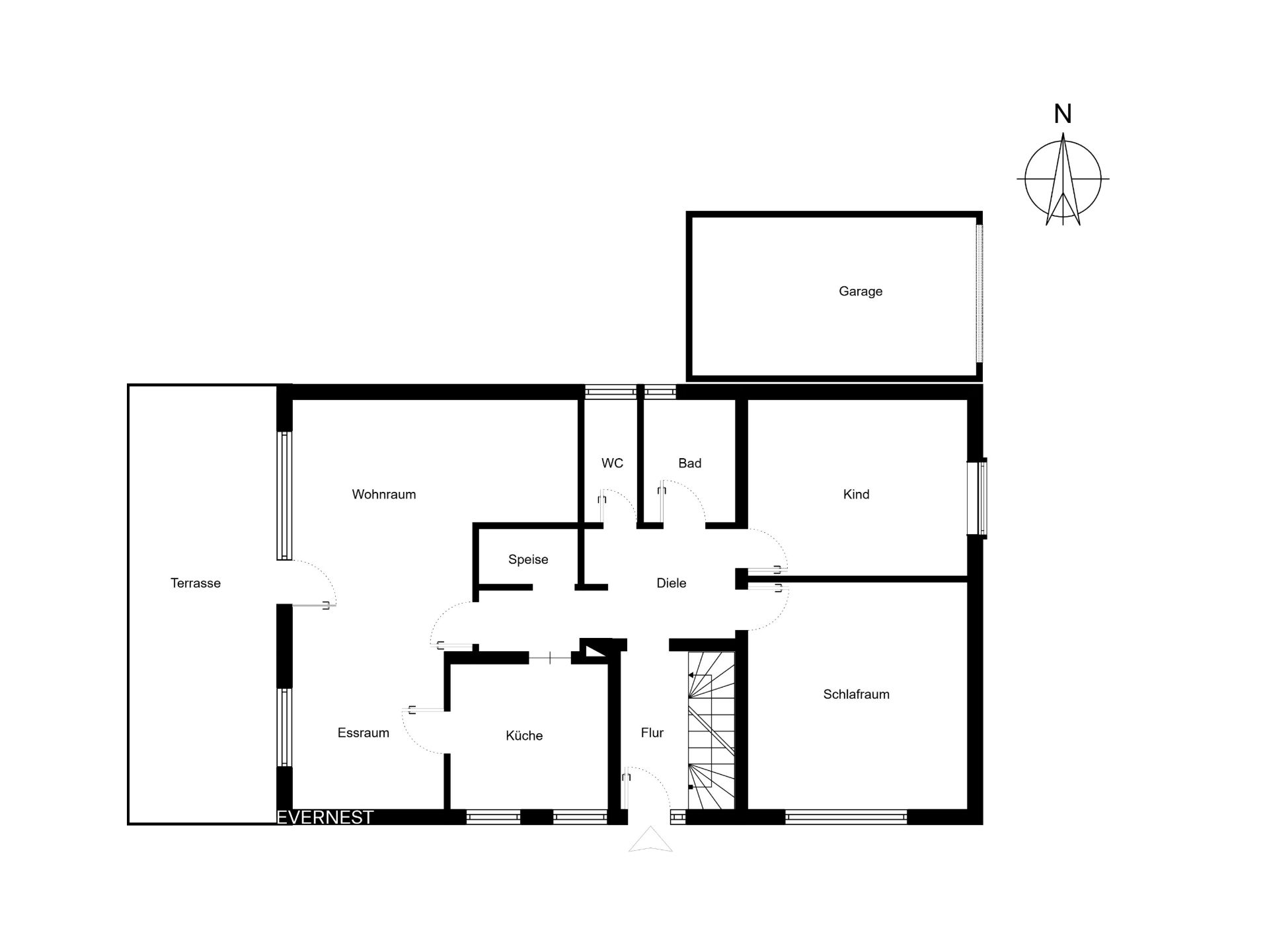 Grundriss mit Wohnraum, Essraum, Küche, Schlafzimmer, Kinderzimmer, Bad, WC, Garage und Terrasse.