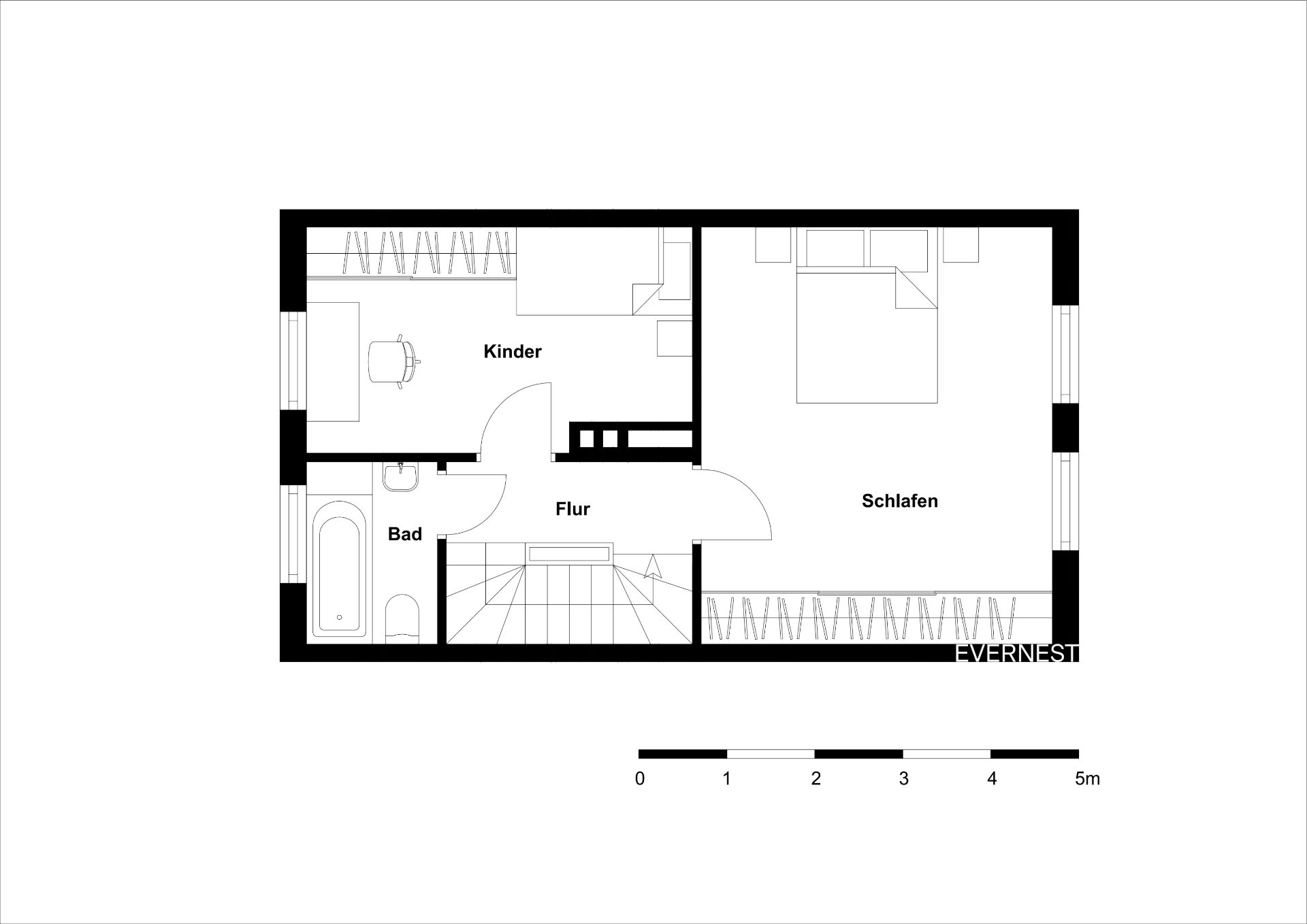 Grundriss mit Kinderzimmer, Schlafzimmer, Bad und Flur.