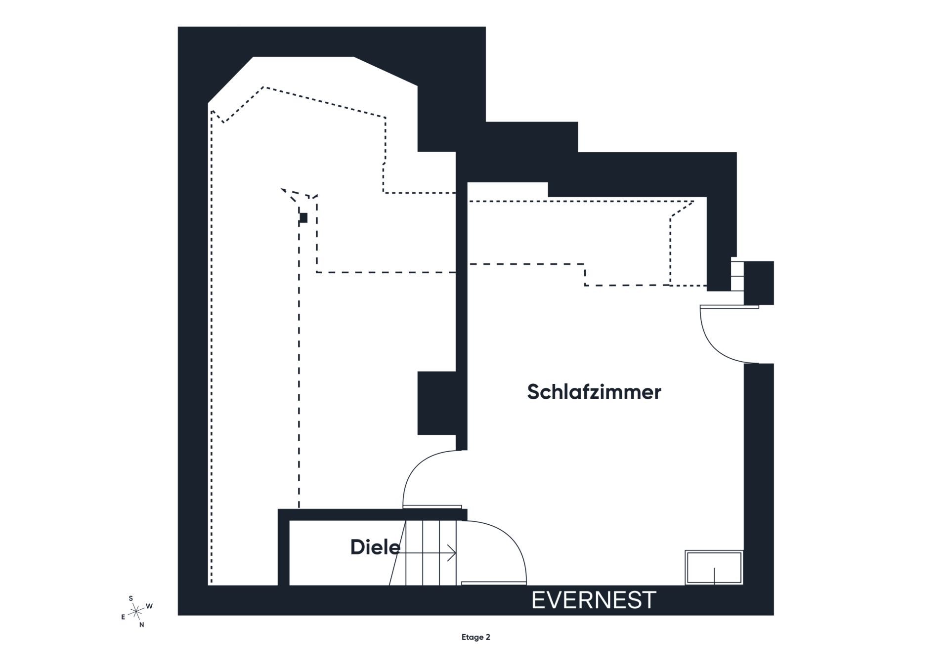 Grundriss mit Schlafzimmer und Diele, Eingang unten rechts markiert.