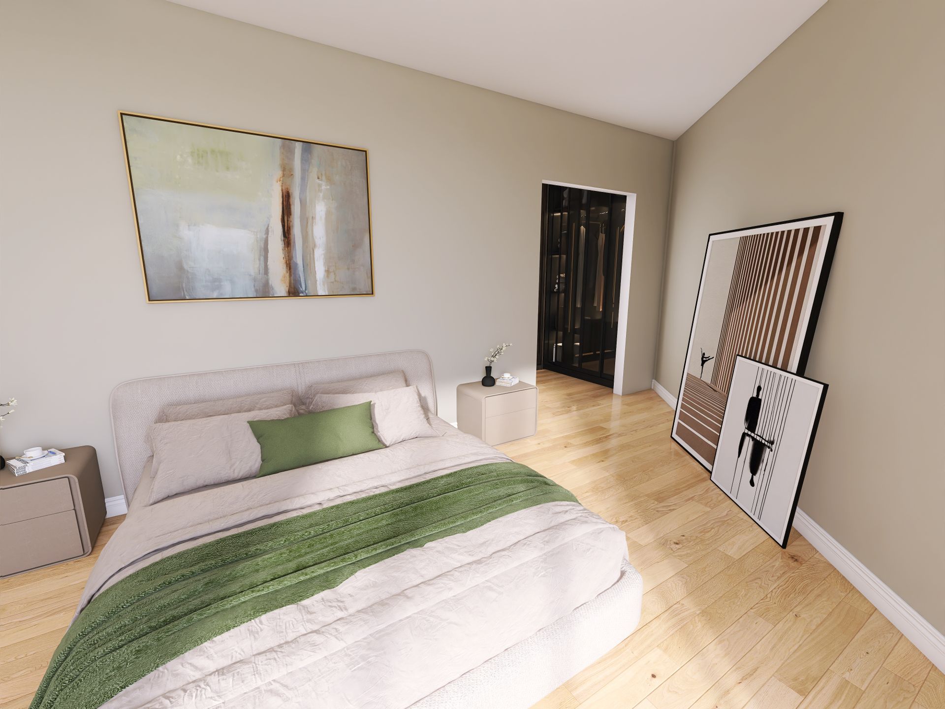 Schlafzimmer mit Doppelbett, Nachttischen, Bildern an der Wand und hellem Holzboden.
