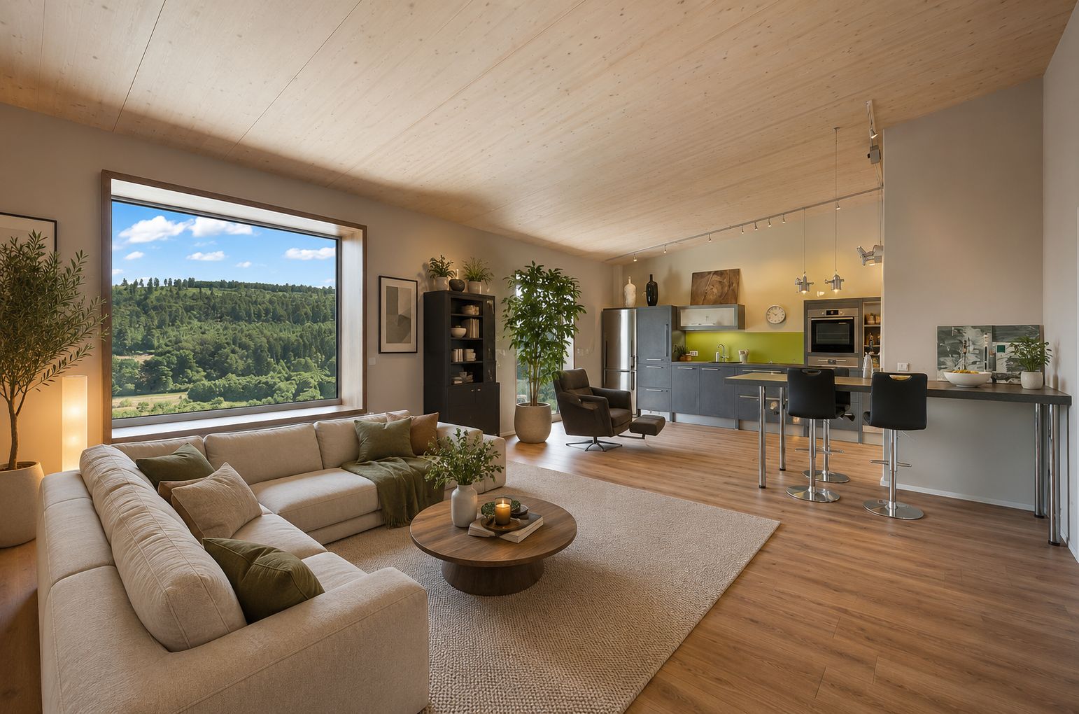 Modernes Wohnzimmer mit großem Fenster, offener Küche, Holzfußboden und bequemer Sofaecke.