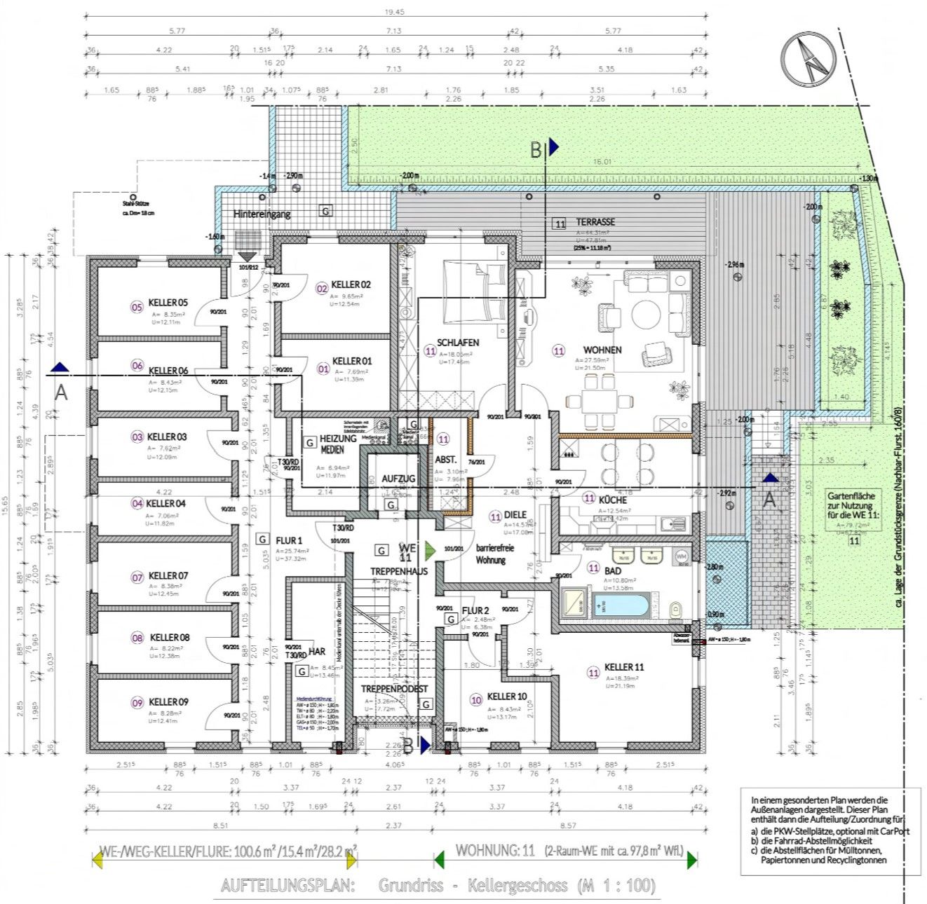Grundriss eines Kellers mit mehreren Kellerräumen, Wohnbereich und Terrasse.