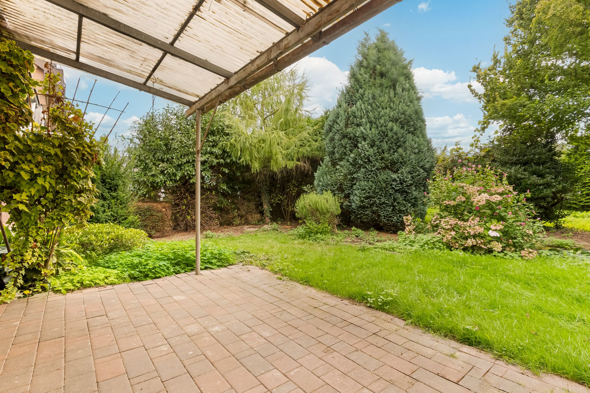 Überdachte Terrasse mit Blick auf einen grünen Garten und verschiedene Büsche.