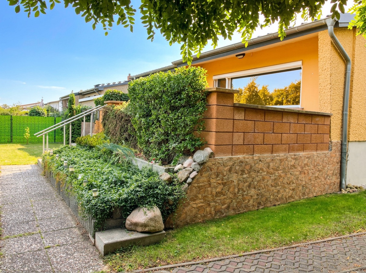 Gelbes Haus mit Terrasse, Hecke, Steingarten und grüner Rasenfläche im Vordergrund.