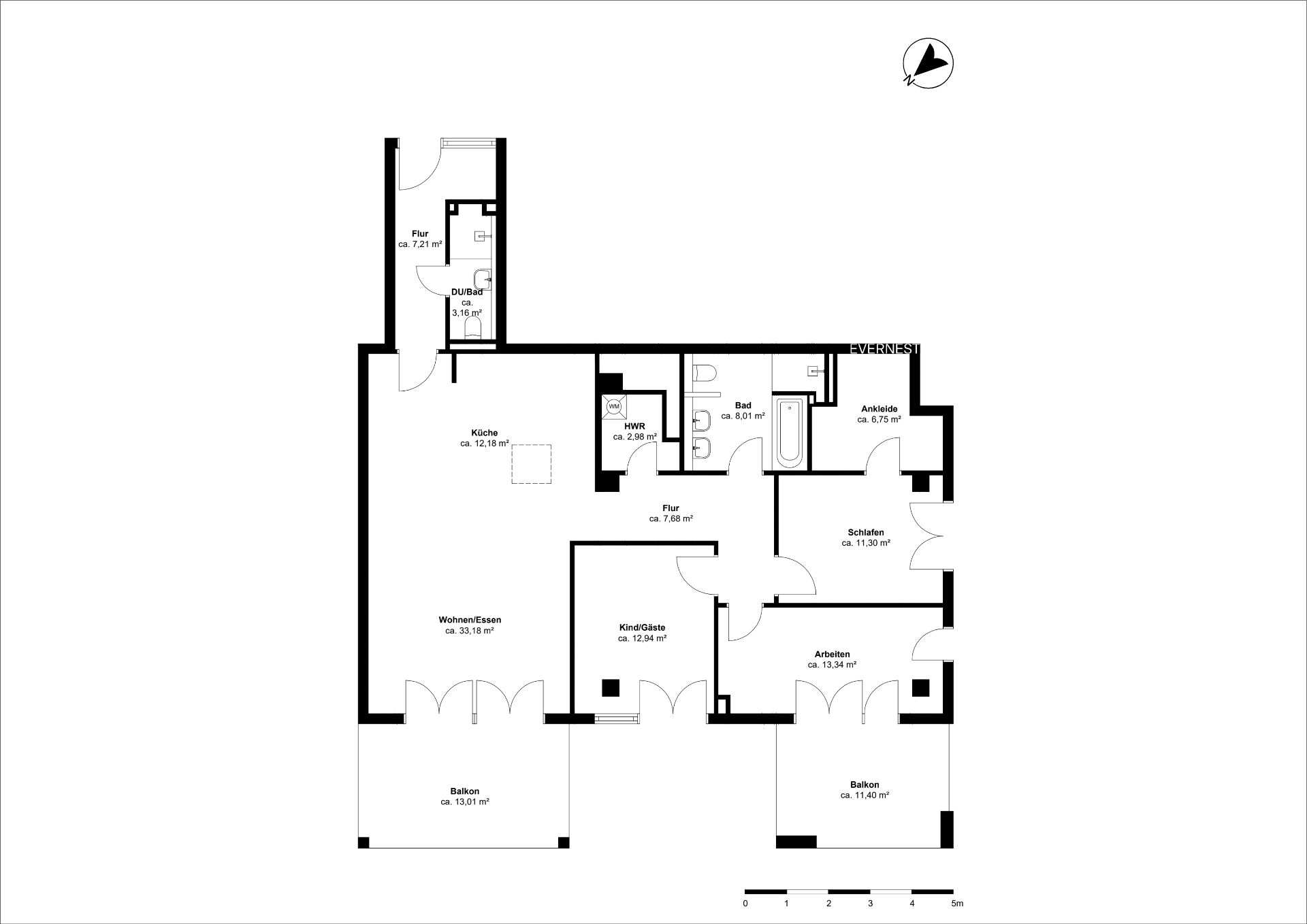Grundriss einer Wohnung mit Balkon, Wohnbereich, Küche, Bad, Schlafzimmer und weiteren Räumen.