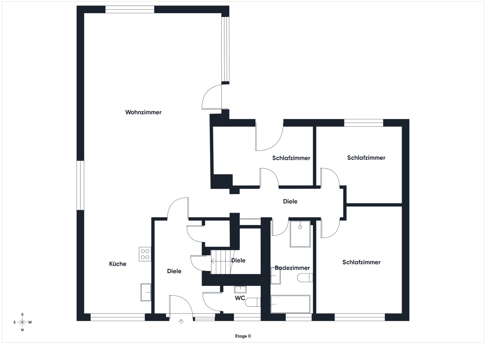 Grundriss einer Wohnung mit Wohnzimmer, Küche, drei Schlafzimmern, Bad und WC.