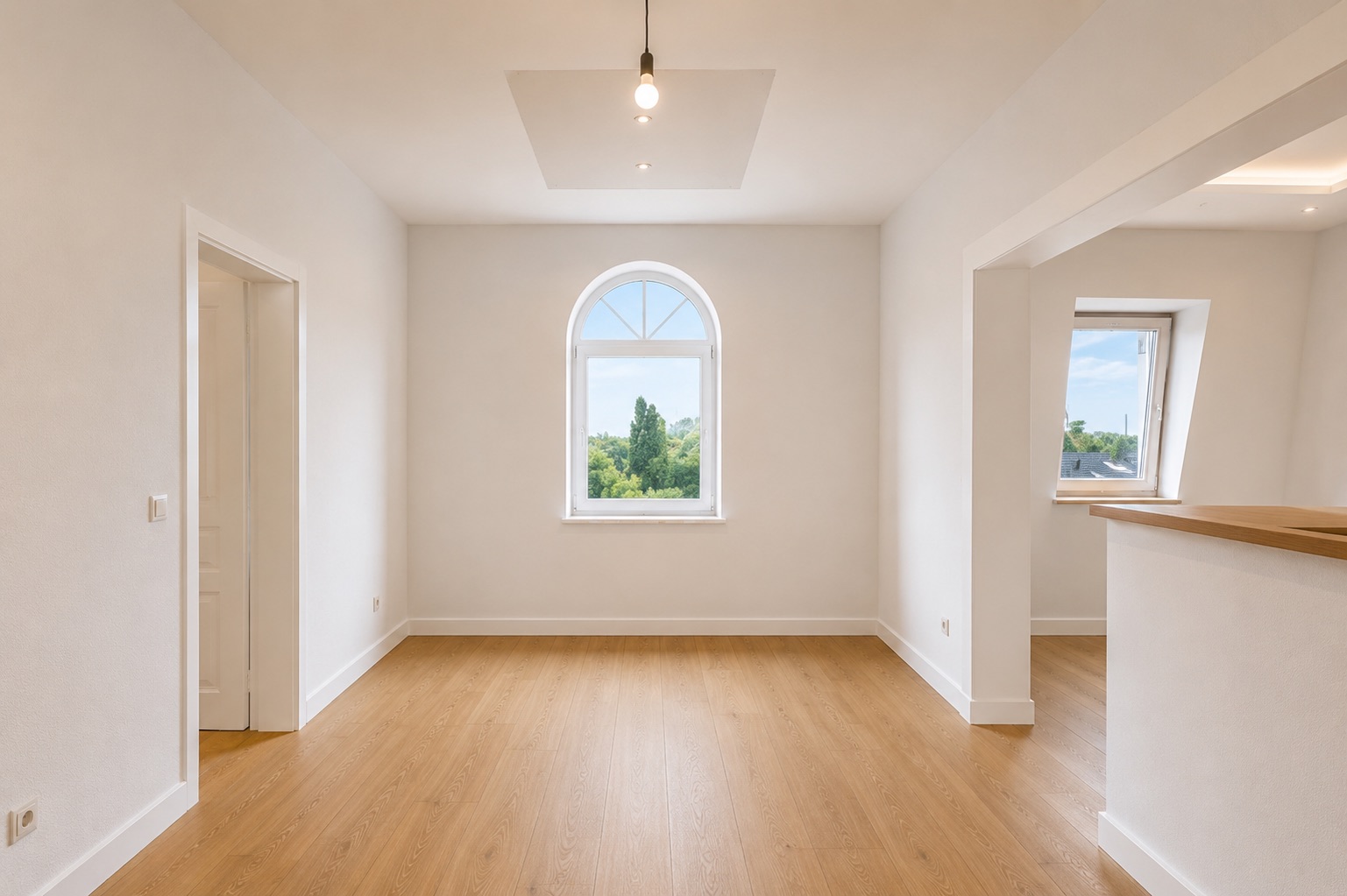 Heller Raum mit Holzfußboden, großem Bogenfenster und offenem Durchgang, Blick nach draußen.