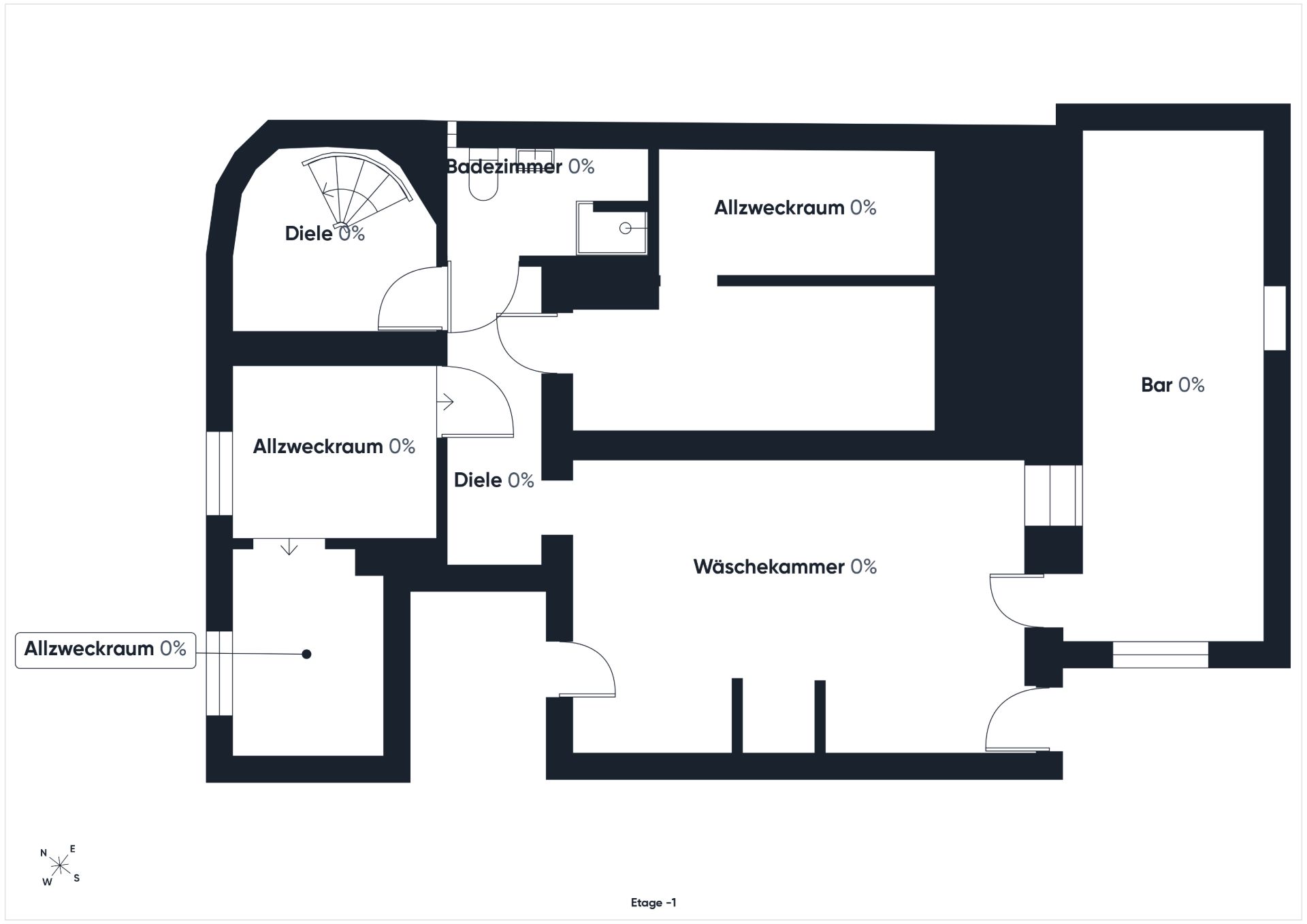 Grundriss eines Wohnbereichs mit Allzweckräumen, Badezimmer, Bar und Waschküche.