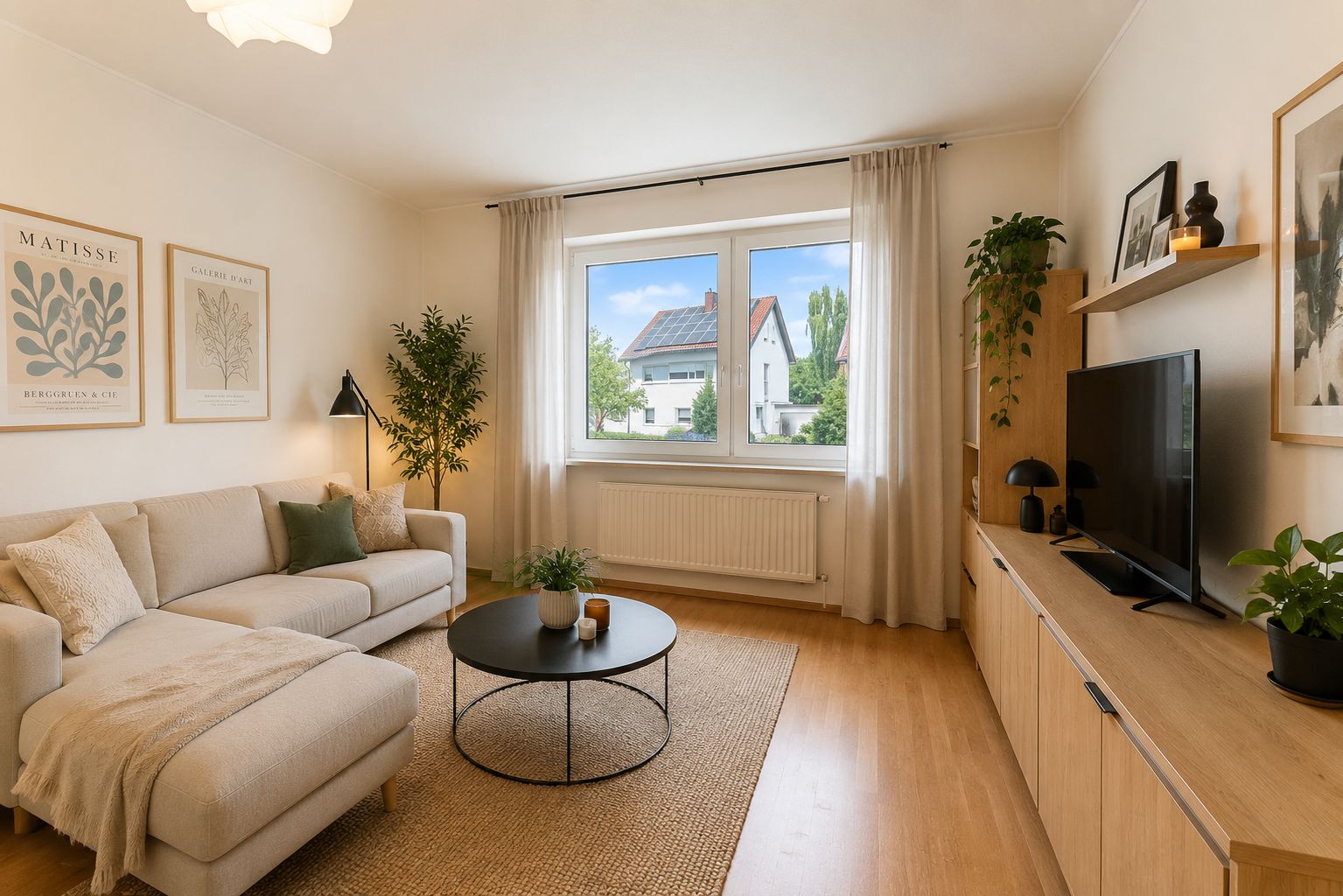 Helles Wohnzimmer mit Sofa, Couchtisch, TV, Pflanzen und großem Fenster, Holzboden.