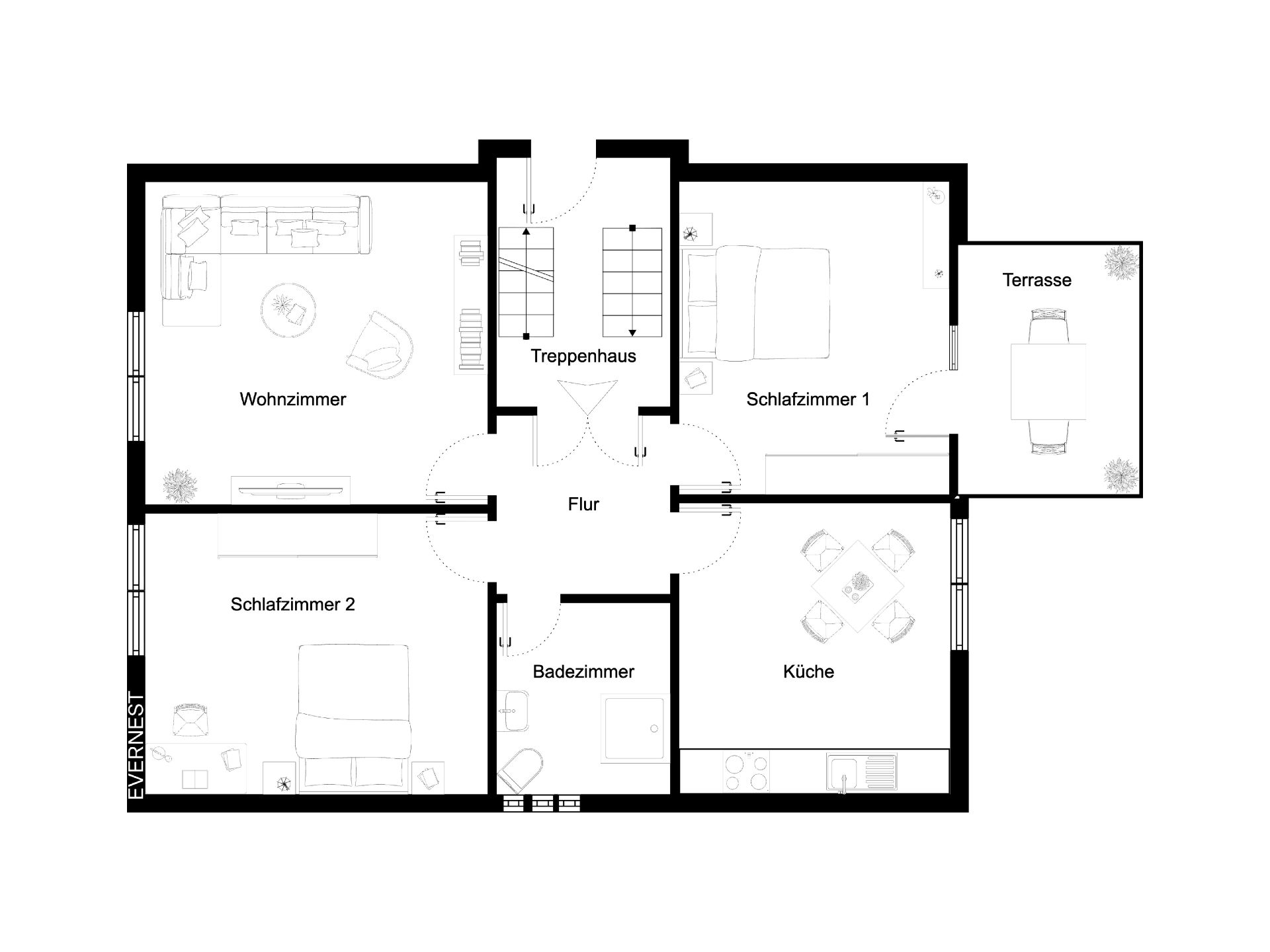 Grundriss einer Wohnung mit Wohnzimmer, zwei Schlafzimmern, Küche, Bad, Flur und Terrasse.