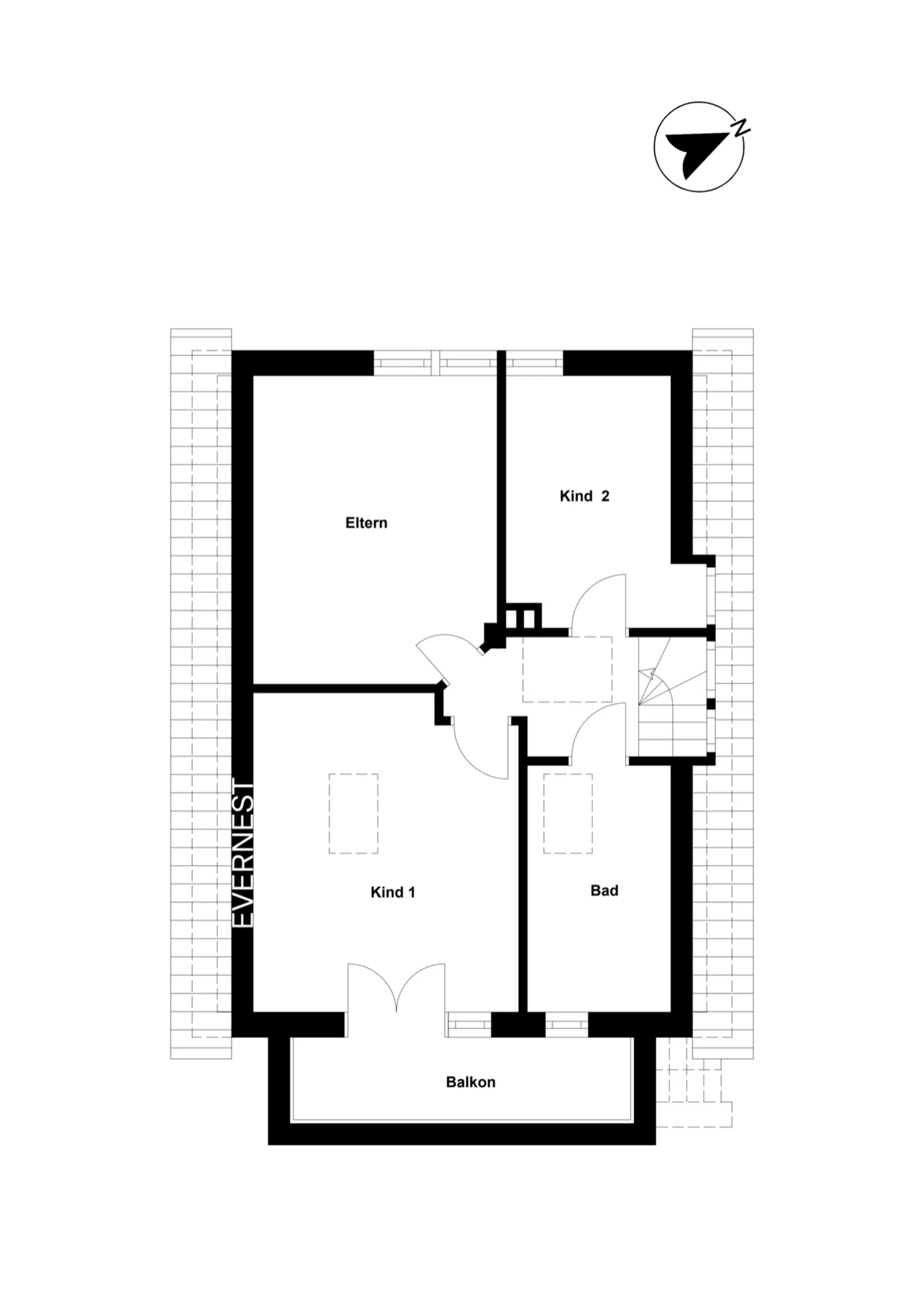 Grundriss mit drei Zimmern, Bad und Balkon, Räume beschriftet: Eltern, Kind 1, Kind 2.