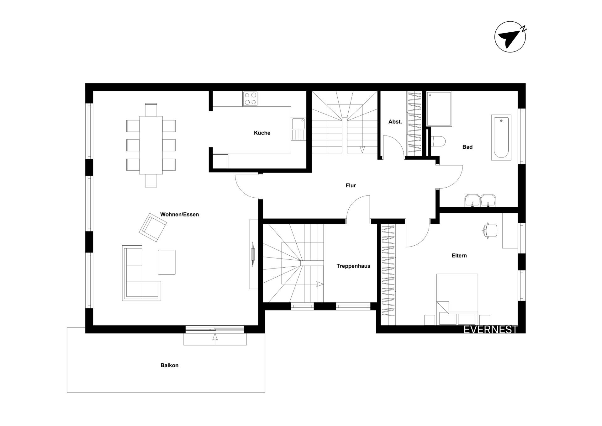 Grundriss einer Wohnung mit Wohn-/Essbereich, Küche, Bad, Schlafzimmer und Balkon.