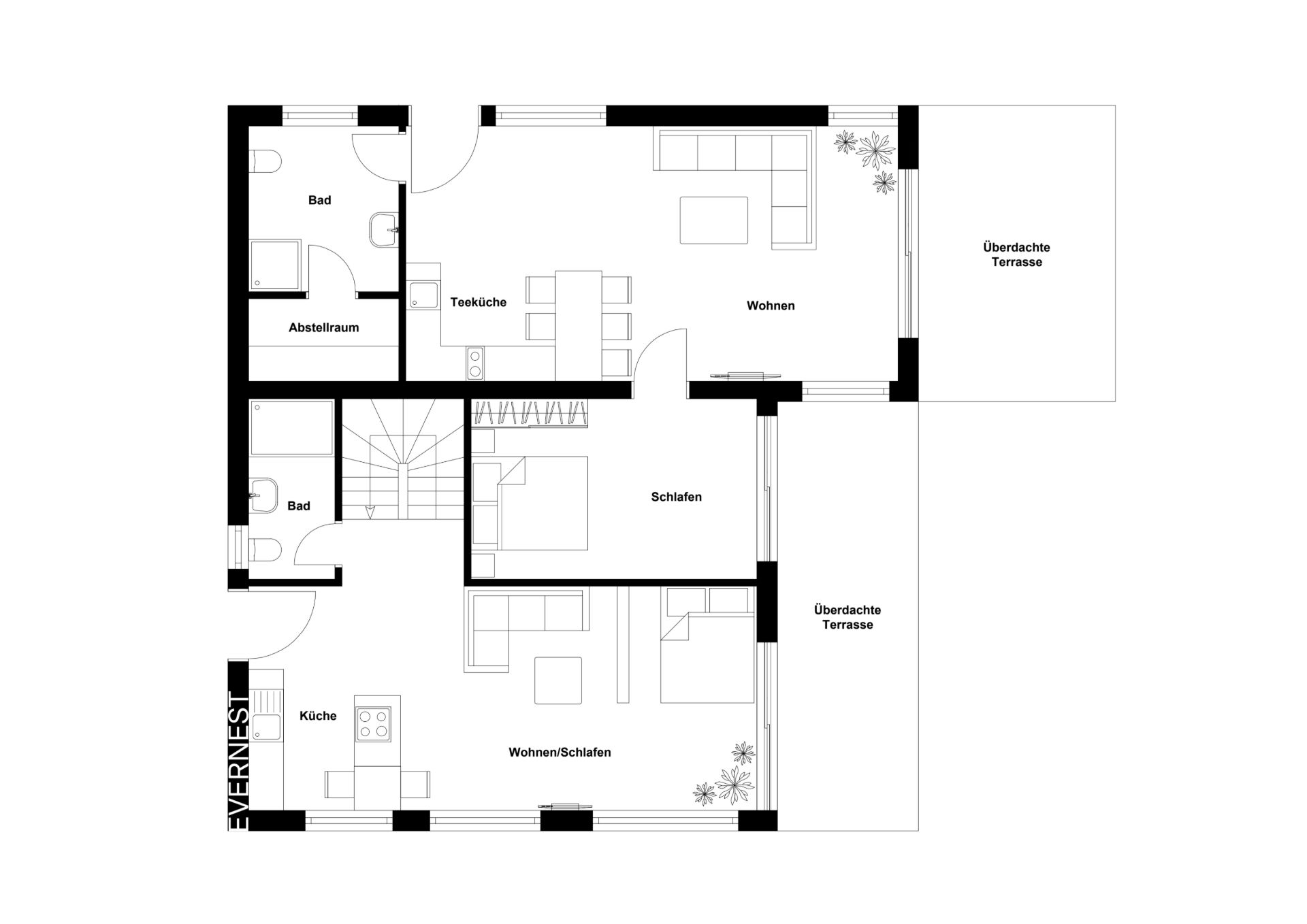 Grundriss einer Wohnung mit Küche, zwei Bädern, Wohnzimmer, Schlafzimmer und zwei Terrassen.