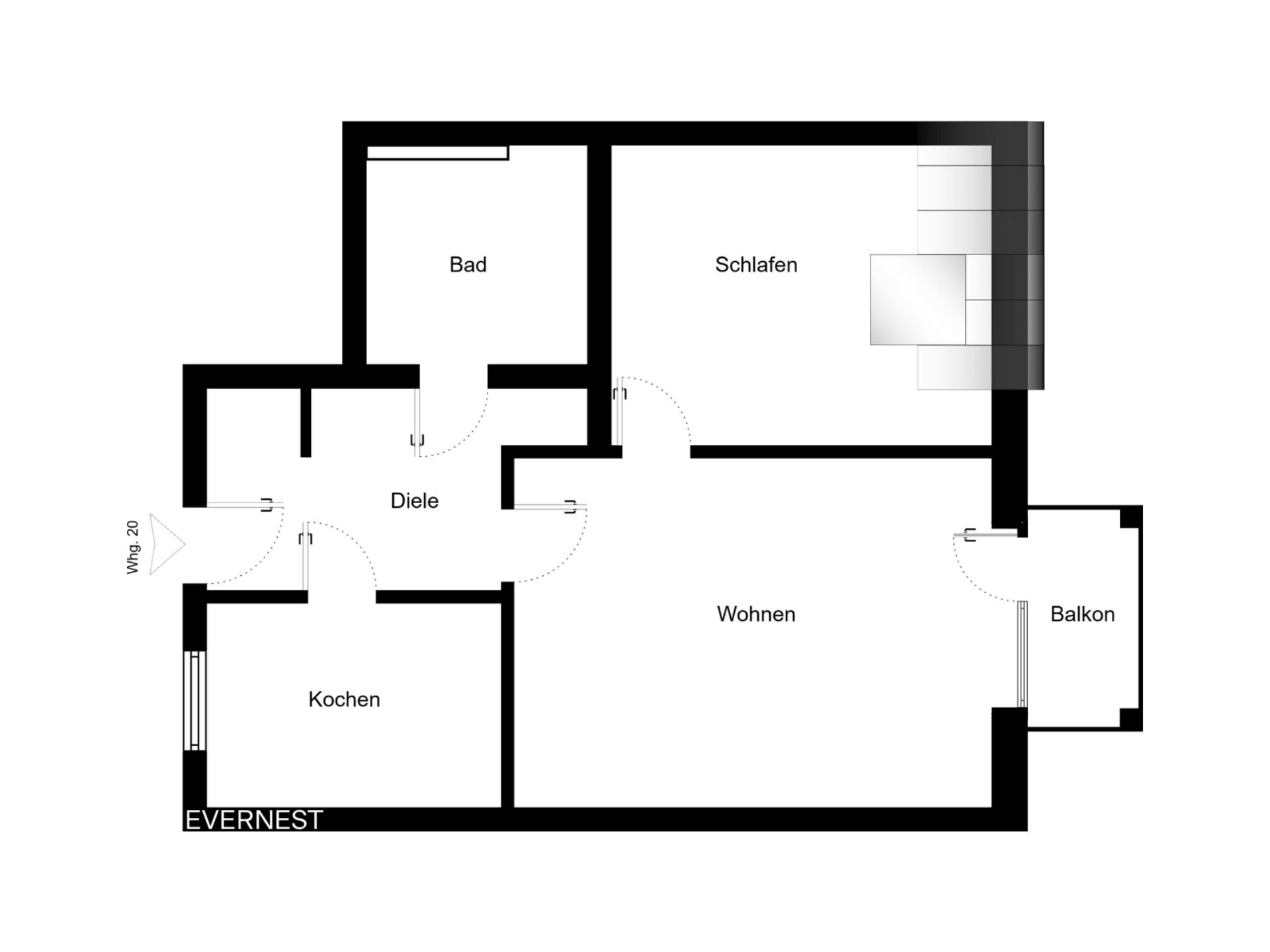 Grundriss einer Wohnung mit Wohnzimmer, Schlafzimmer, Bad, Küche, Diele und Balkon.