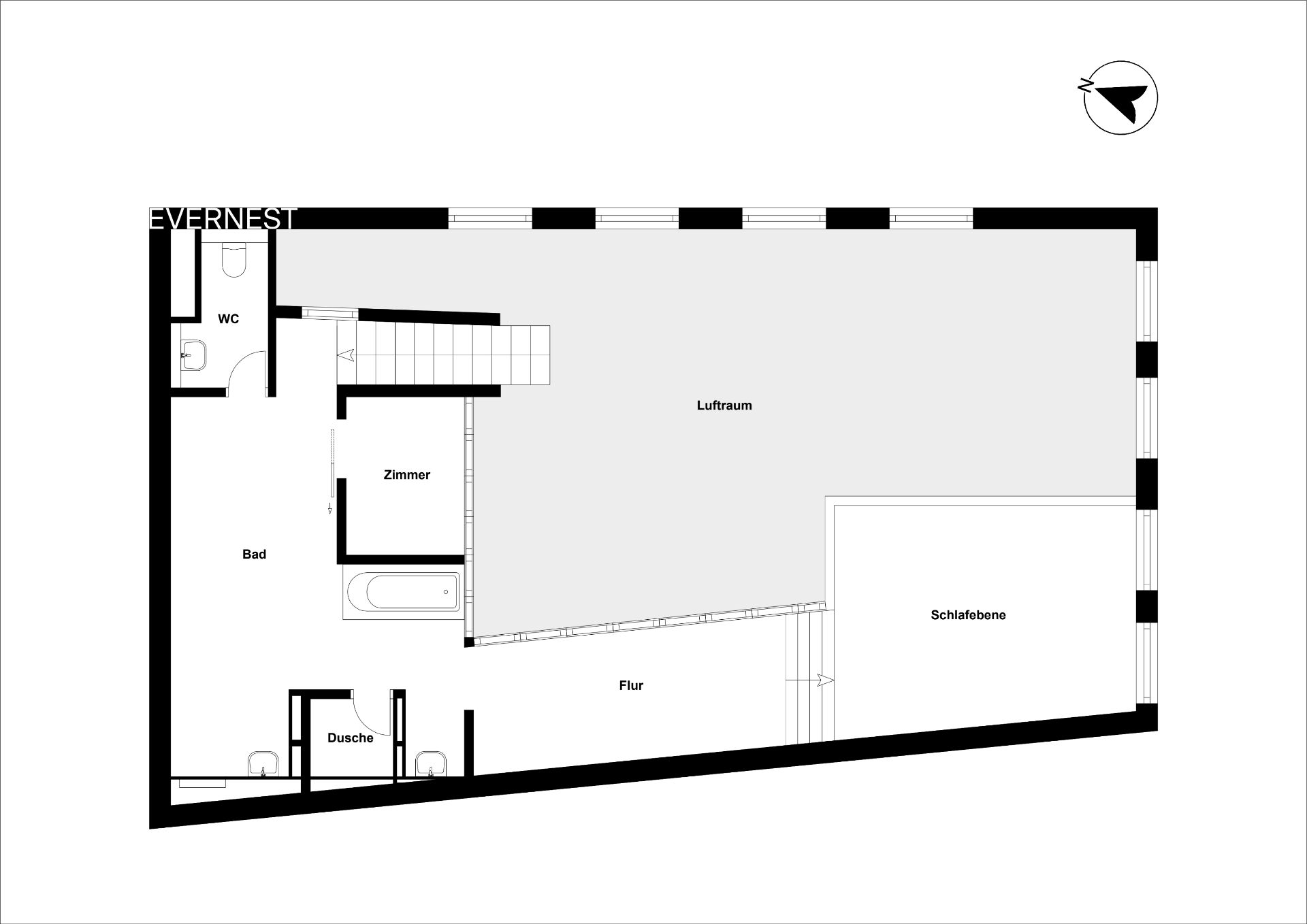 Grundriss einer Wohnung mit Bad, Dusche, WC, Zimmer, Luftraum, Schlafebene und Flur.