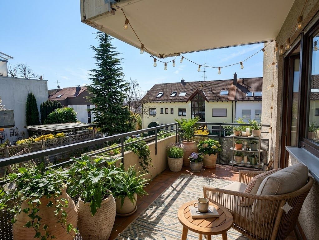 Balkon mit vielen Topfpflanzen, Stühlen, Tisch und Lichterkette, Blick auf Wohnhäuser.