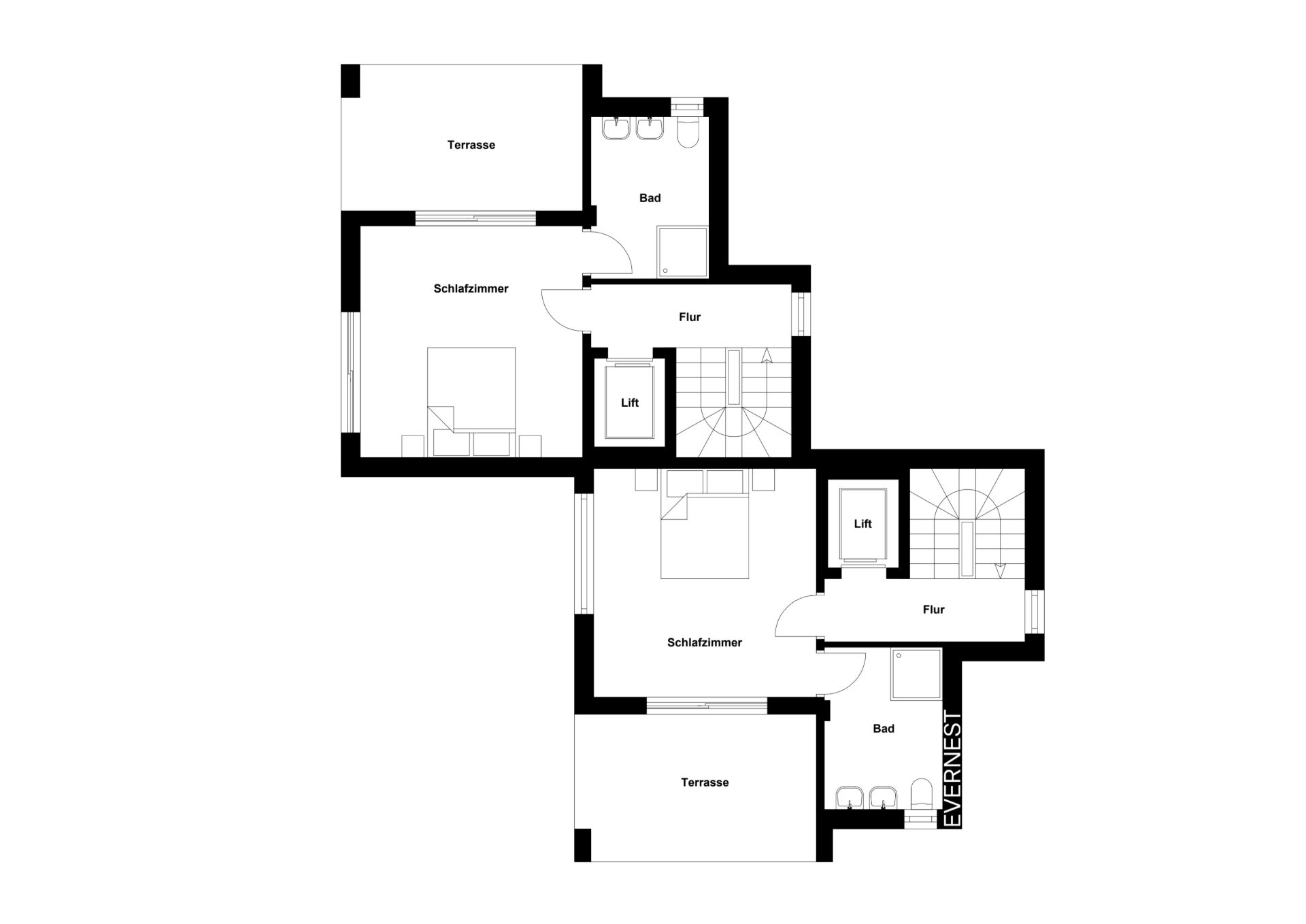 Grundriss mit zwei Schlafzimmern, zwei Bädern, zwei Terrassen, Fluren und Aufzug.