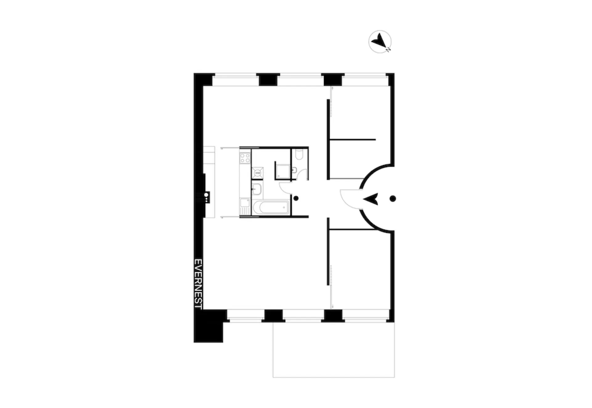 Grundriss einer Wohnung mit mehreren Zimmern, Küche und Bad.