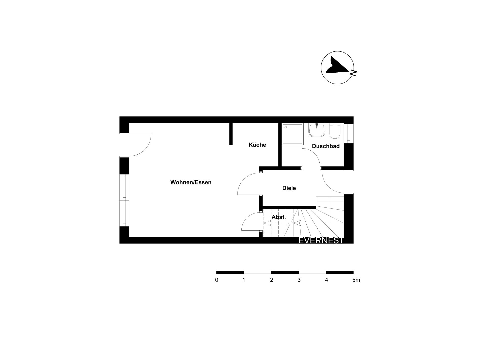 Grundriss einer Wohnung mit Wohn-/Esszimmer, Küche, Duschbad, Diele und Abstellraum.