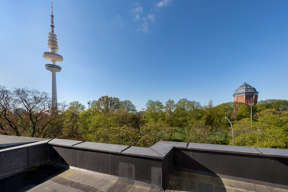 Blick von einer Dachterrasse auf Bäume, einen Fernsehturm und ein markantes Gebäude im Hintergrund.