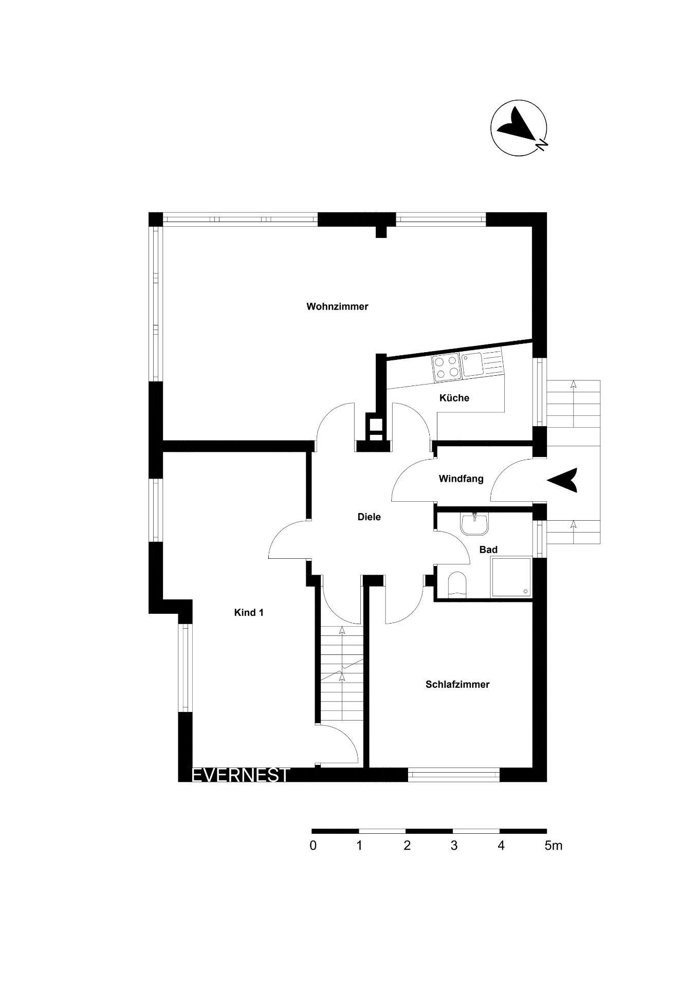 Grundriss mit Wohnzimmer, Küche, Schlafzimmer, Kinderzimmer, Bad und Flur.