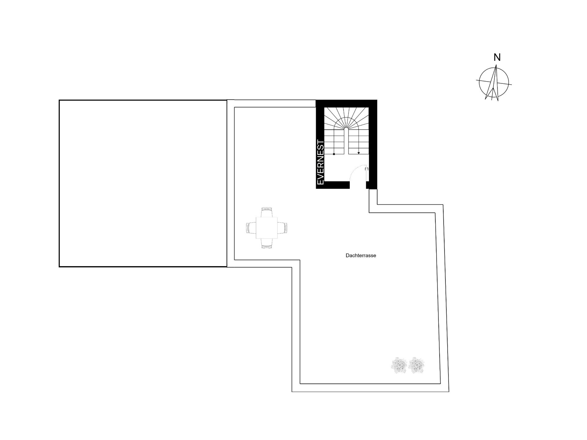 Grundriss einer Dachterrasse mit Treppe, Tisch und zwei Pflanzen.