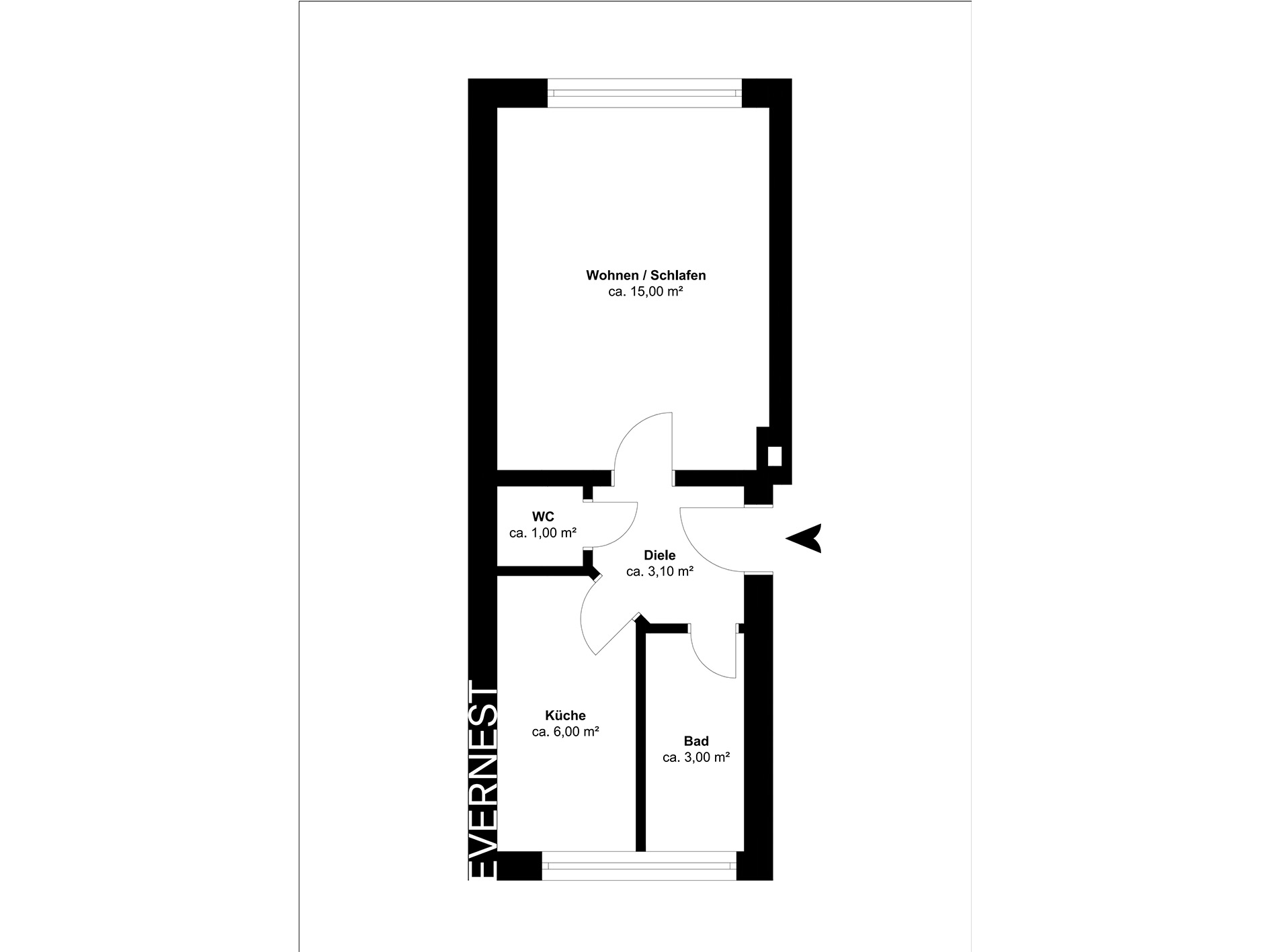 Grundriss einer Wohnung mit Wohn-/Schlafraum, Küche, Bad, WC und Diele.