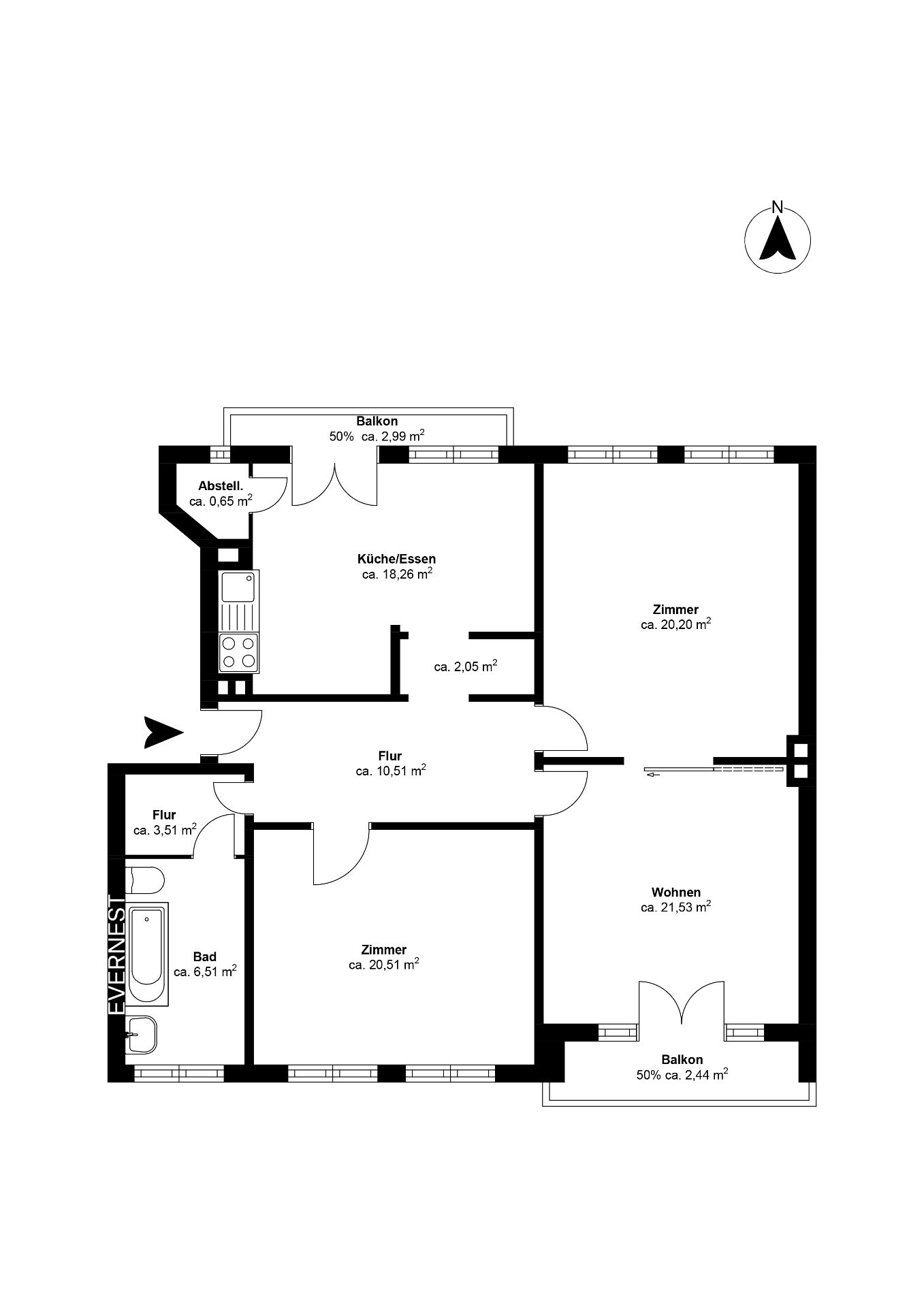 Grundriss einer Wohnung mit zwei Zimmern, Wohnzimmer, Küche, Bad, Flur und zwei Balkonen.